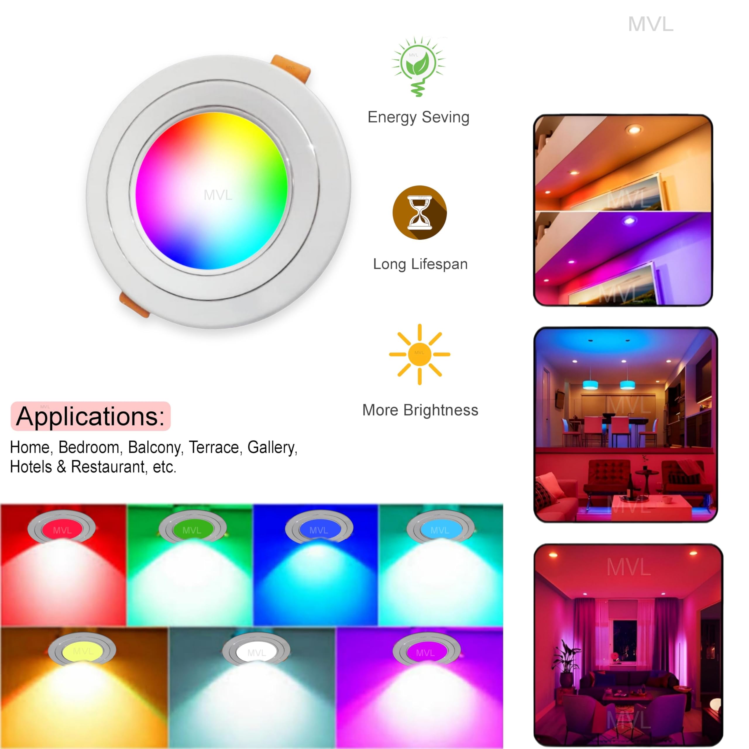 MVL Light Mvl 9 Watt 9 In 1 Multicolour Led Ceiling Down Light (Red/Pink/Blue/Yellow/Violet/Green/Sky Blue/White,Aluminium) Pack Of 4 2