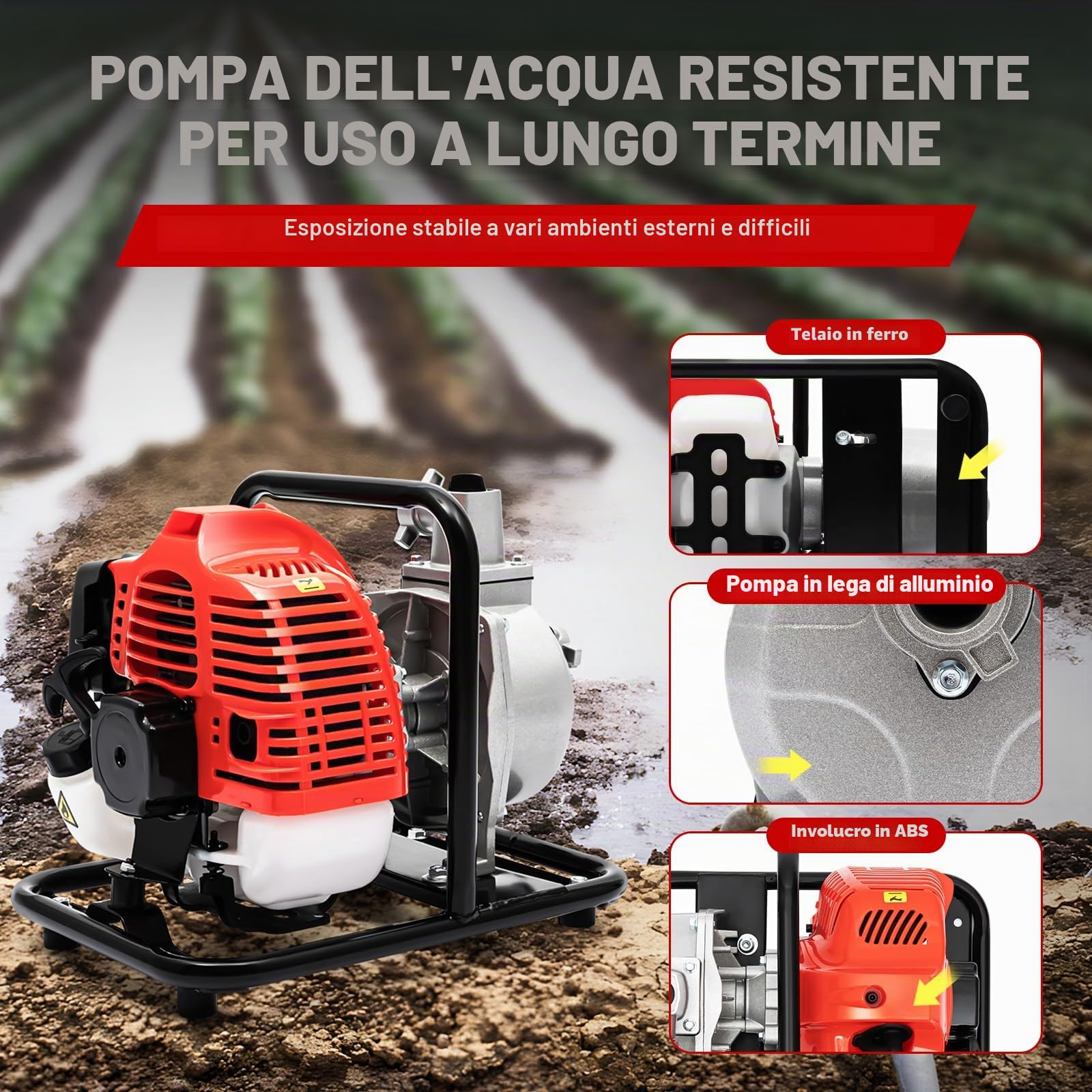 Pompa a benzina 2 tempi, Max. 20m di prevalenza. Pompa da giardino per fontana, stagno con valvola di non ritorno