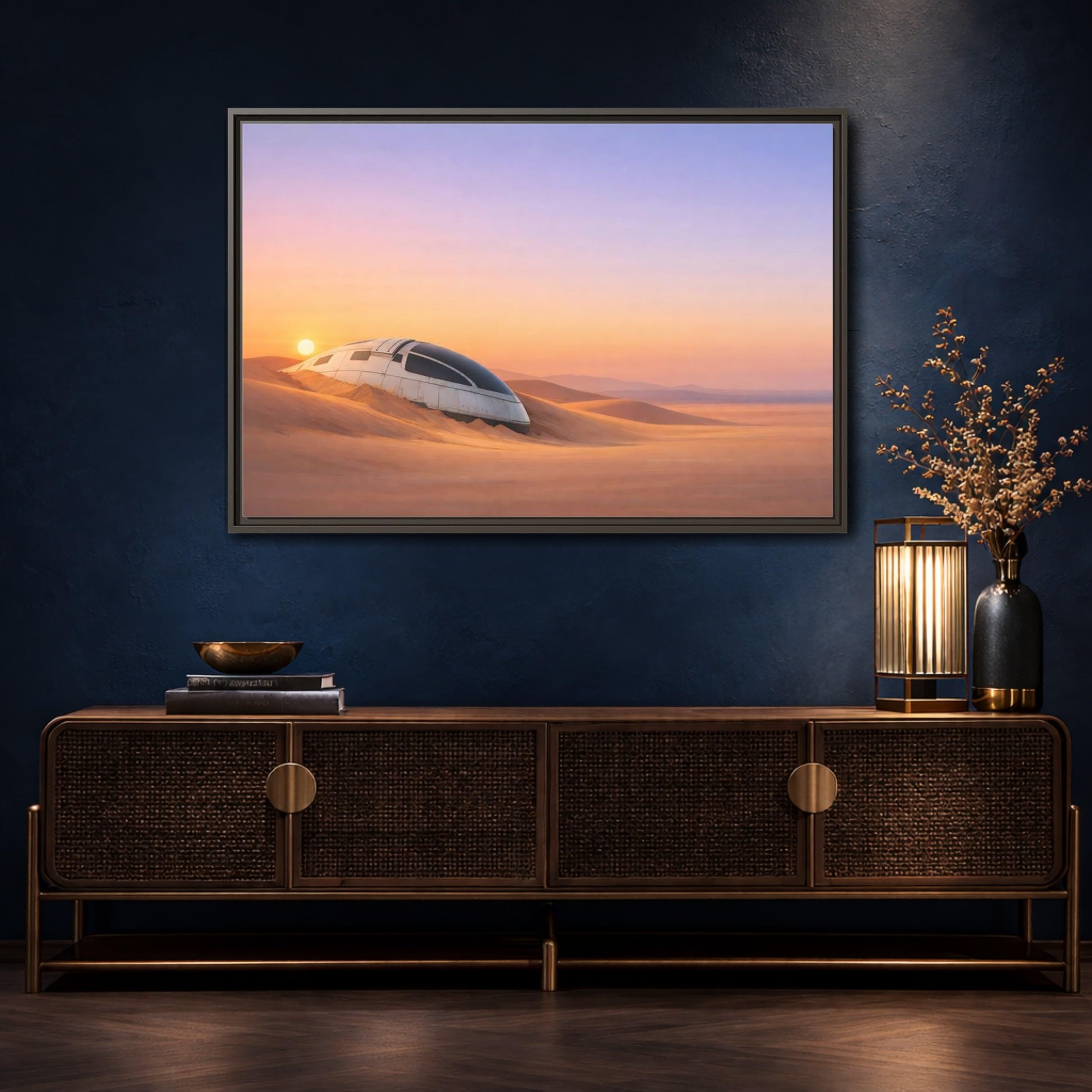 Science Fiction Crashed Spaceship Desert Sunset Framed Canvas Wall Art Print – Living Room Decor 18×12 inch (45×30 cm) - Horizontal/Black / 1.25 inch (3 cm)