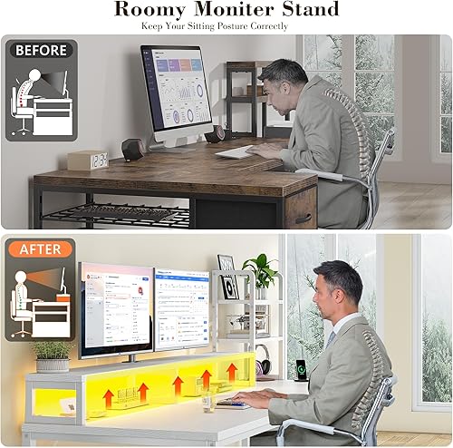 Miniatura 5 de Escritorio pequeño para computadora de 44 pulgadas con cajones y gabinete, escritorio reversible de oficina en casa con estante para monitor,