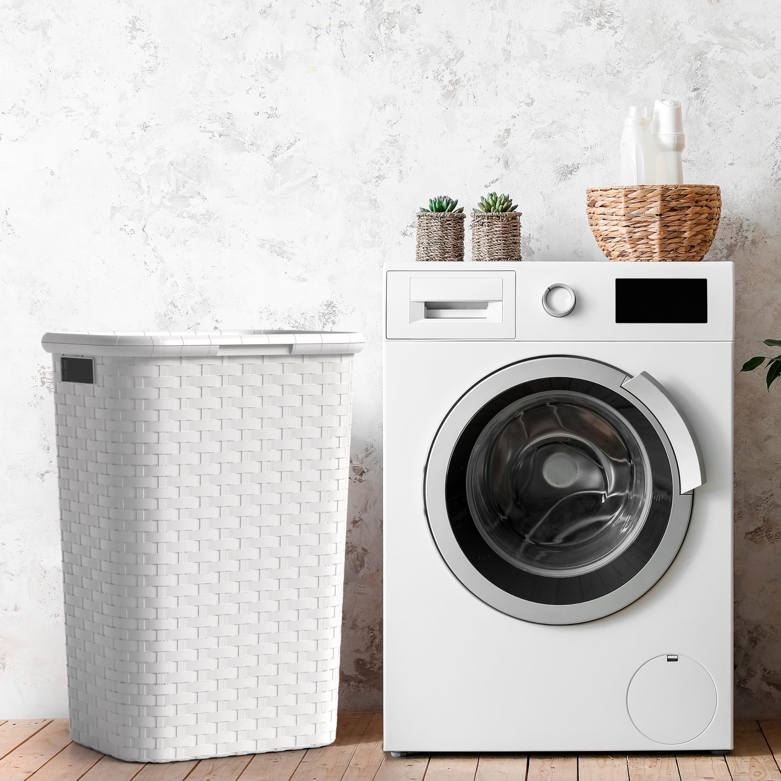 Spetebo - Cesto per la biancheria, effetto vimini, cesto per la lavanderia, 65 l, colore bianco