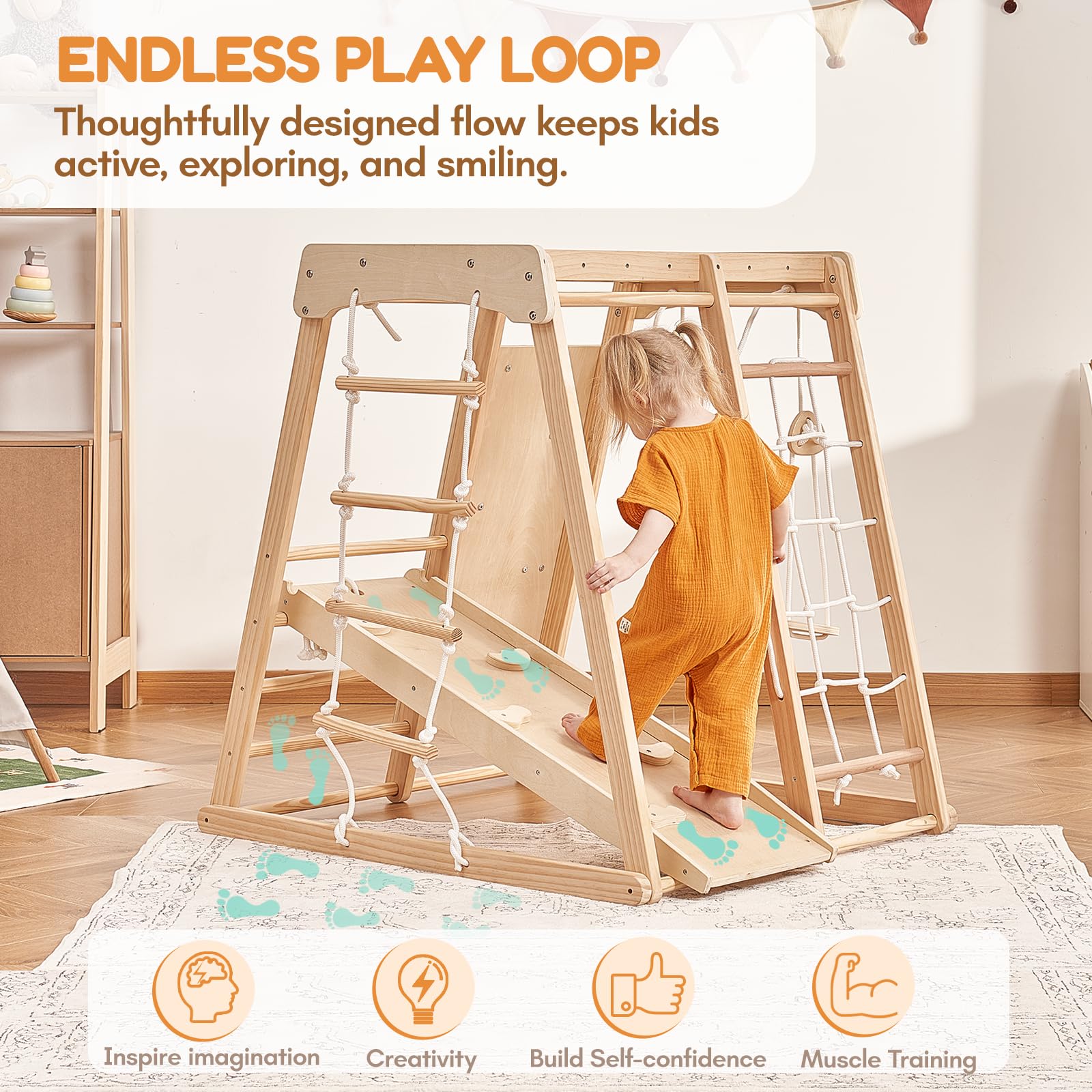 Indoor Klettergerüst ab 1-3 Jahre 7 in 1 Montessori Klettergerüst Großes Klettergerüst aus Holz Klettergerüst mit Rutsche, Holz Kletterturm mit Leiter und Rutschbahn für Kinder (1-3 Jungle Gym)