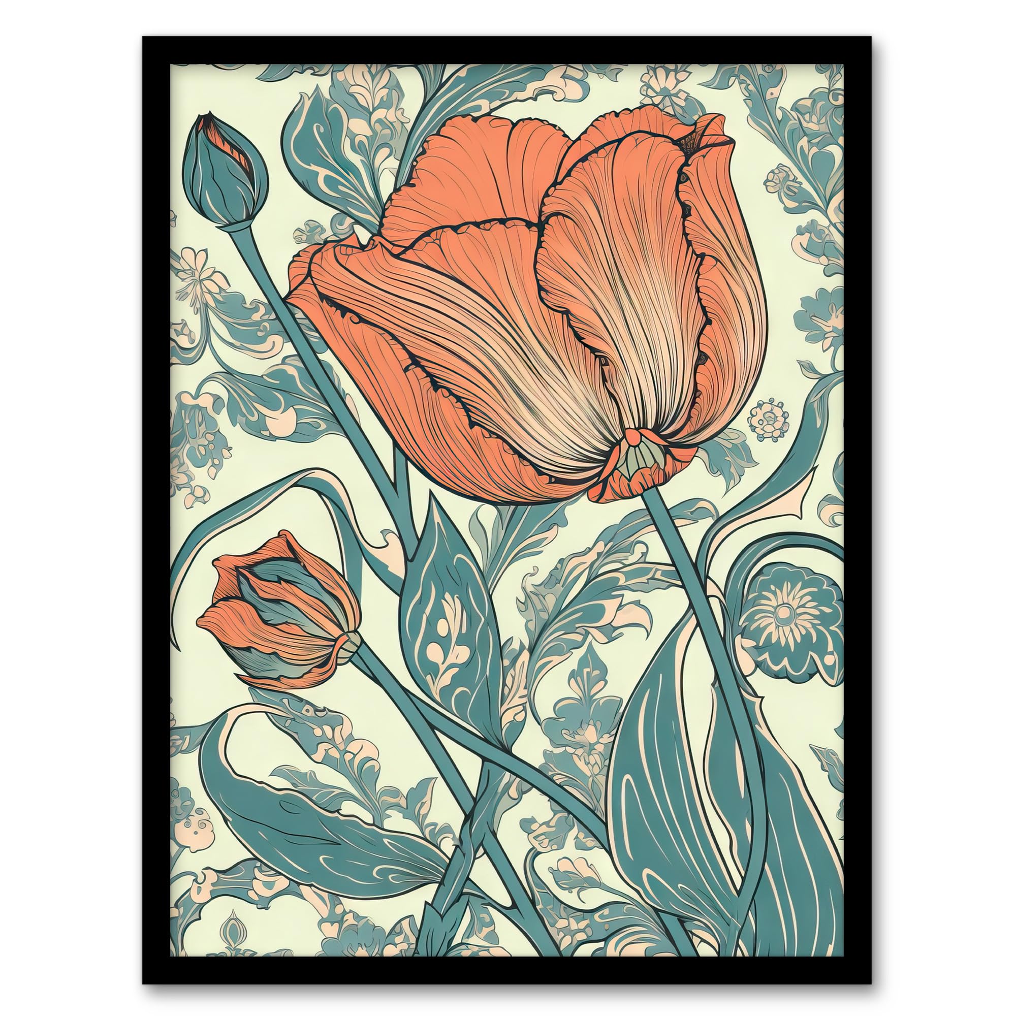 Artery8 Tulip Flower Pattern Detail William Morris Style Painting Teal Blue Coral Pink Spring Blooms Nature Colourful Bright Floral Modern Artwork Artwork Framed Wall Art Print A4