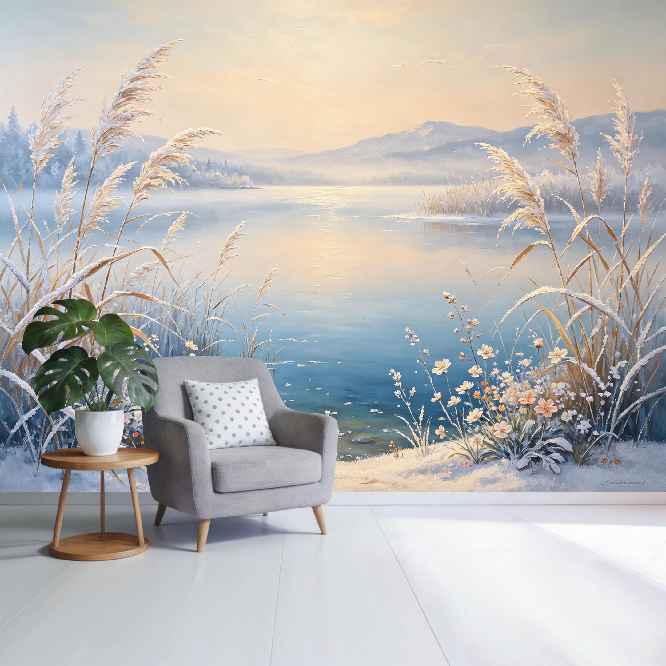 Custom Size Wall Mural Serene Winter Lake Landscape Frosted Reed Flowers Snowy Shore Watercolor SelfAdhesive Wall Fabric Removable Wallpaper for Home Office Decor