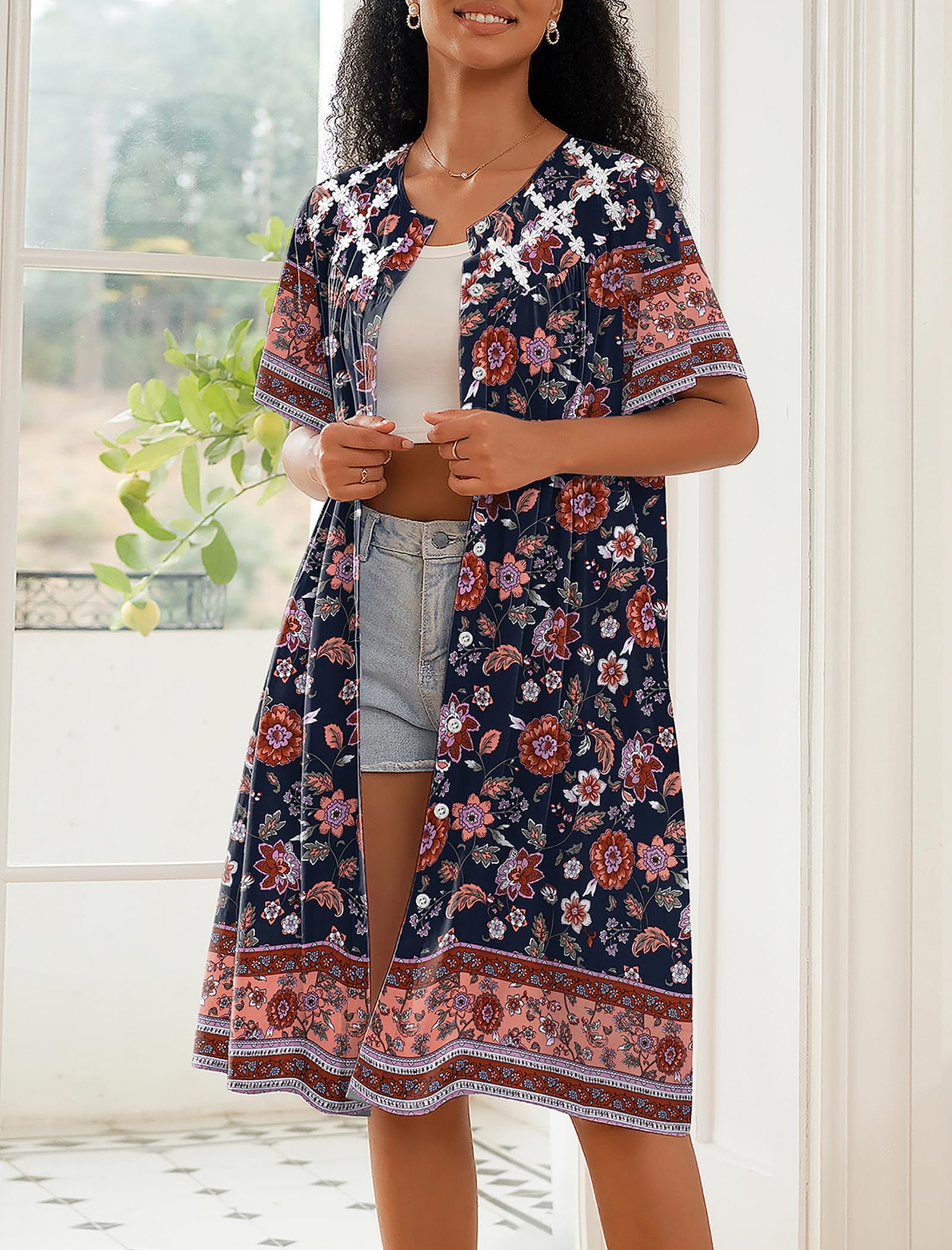 Ekouaer Camisón de manga corta con botones para mujer, vestido de casa, abrigo corto suelto con bolsillos, S-4XL, pat4, S