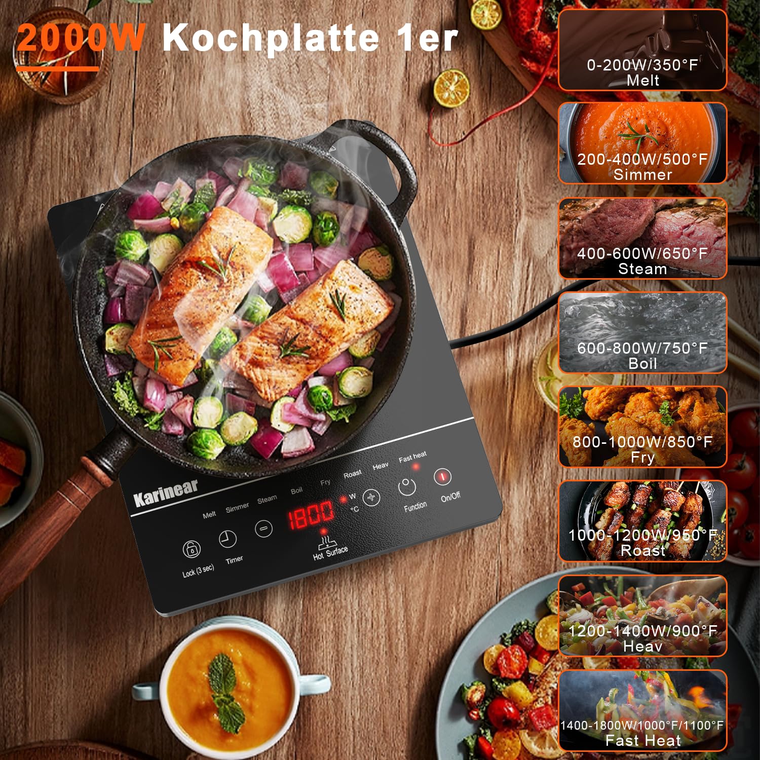 Karinear Kochplatte 2000W 220V Mobile Herdplatte 1 Kochfeld Elektrisch mit Stecker 9 Stufen Timer Kindersicherung