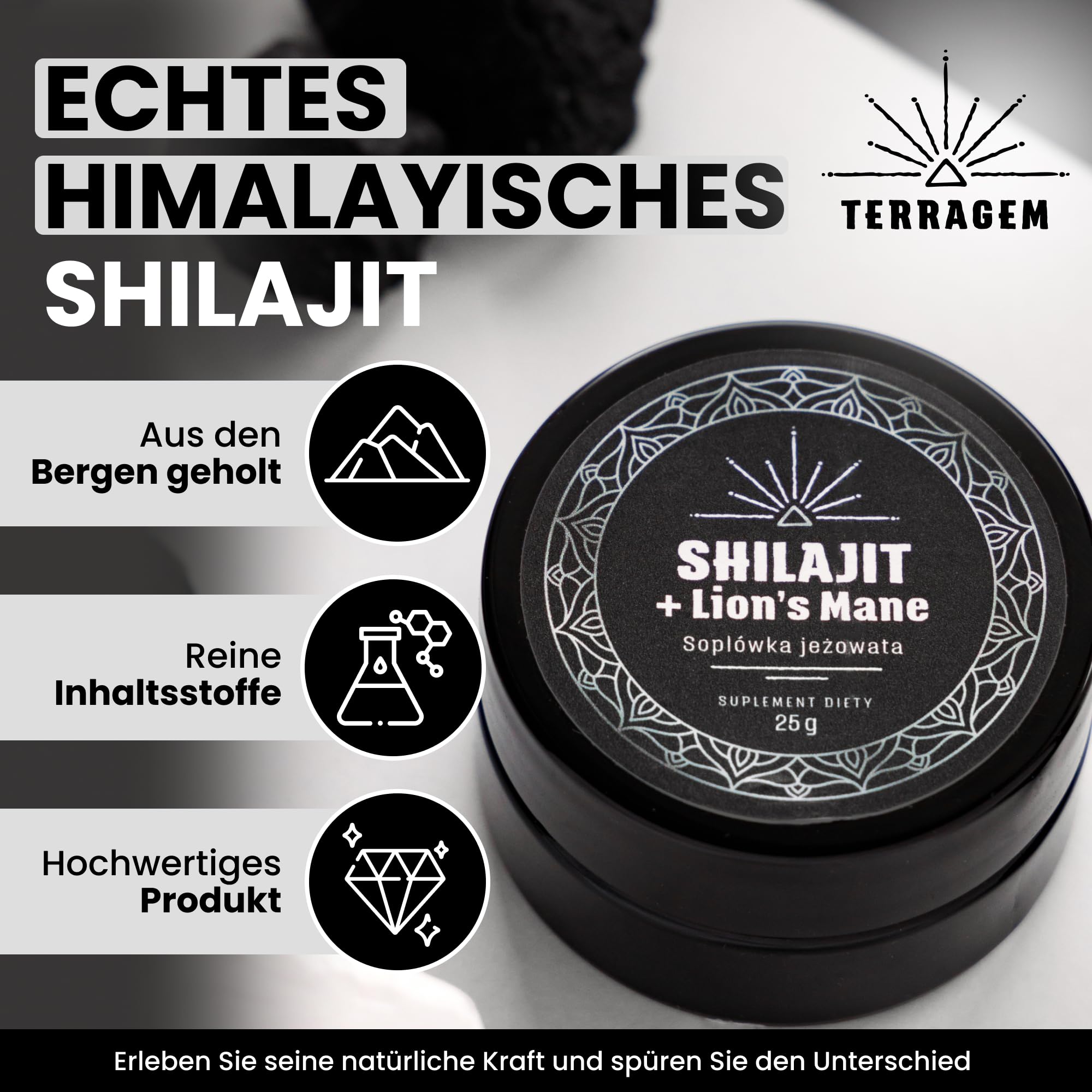 Shilajit - Mumijo - Reich an Mineralien und Nährstoffen, mit Fulvosäure und Huminsäure - von Sammlerfamilien Stammend - Nahrungsergänzungsmittel - Natürlicher Reichtum - Glasdose 50 g