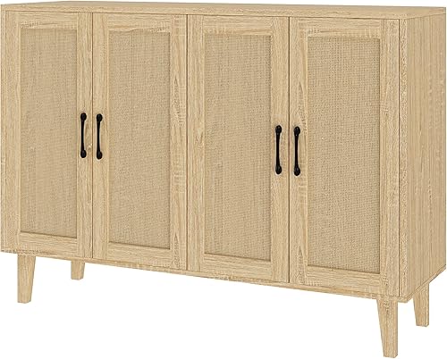 Miniatura 10 de Panana Gabinete de almacenamiento de buffet con decoración de ratán de 4 puertas, sala de estar, cocina, aparador de 48.43 x 34.65 x 15 pulgadas