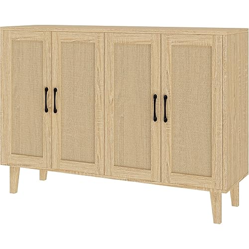 Panana Buffet Storage Cabinet with Rattan Decorating 4 Doors Living Room Kitchen Sideboard 48.43 x 34.65 x 15 inch (Natural Wood)