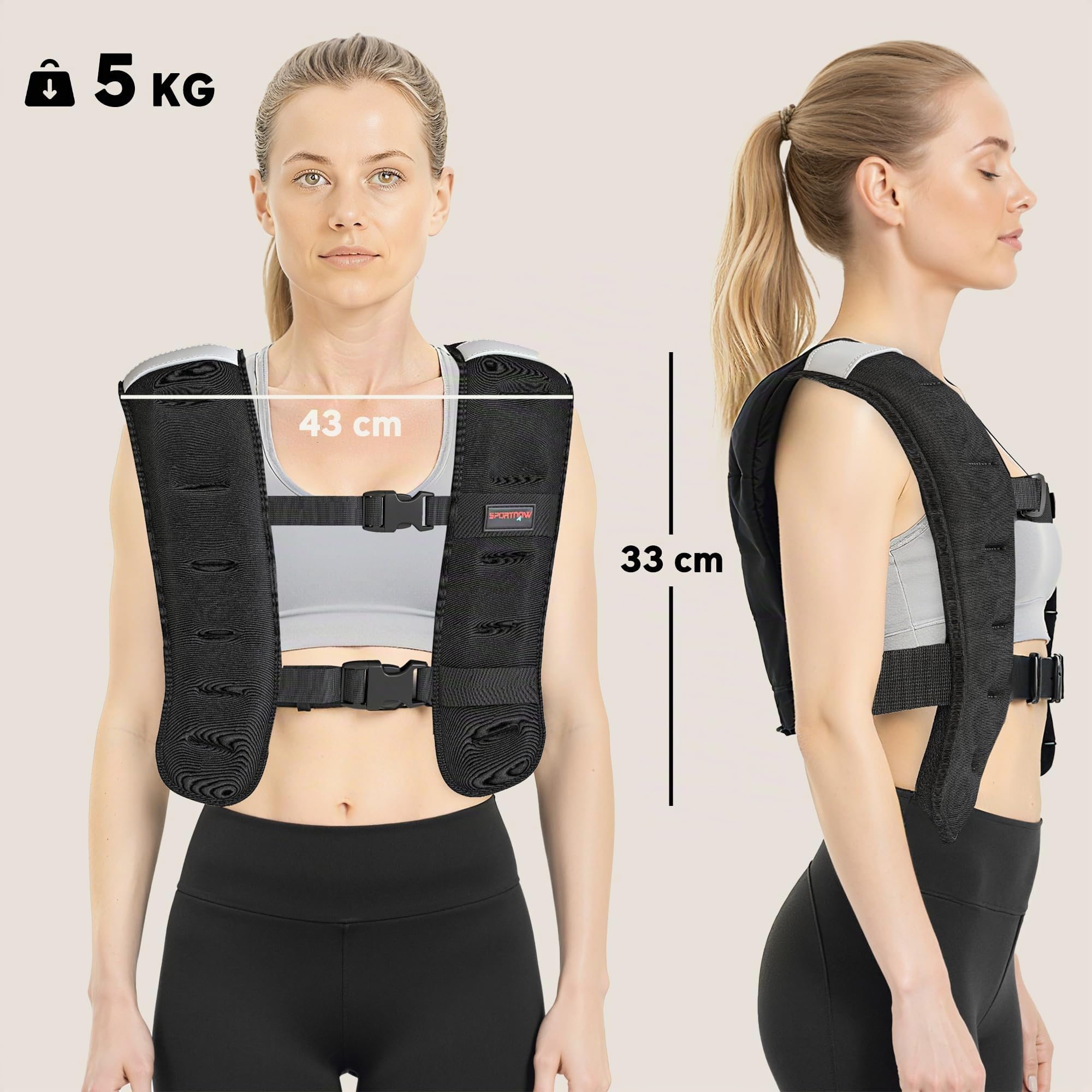 SPORTNOW Chaleco Lastrado 5kg Transpirable 2 Correas Ajustables Negro | Chaleco Peso Entrenamiento, Bandas Reflectantes, para Entrenamiento de Fuerza, Jogging