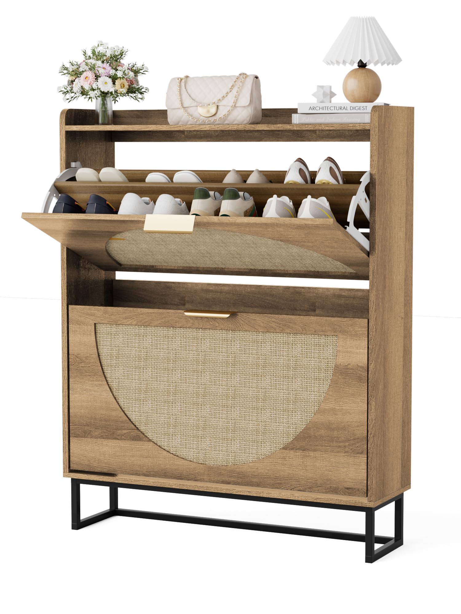 BonVache Rattan Schuhschrank Schmal, Boho Schuhkipper Holz mit 2 Klappen & Verstellbar, Platzsparendes Schuhregal Schuhaufbewahrung für Eingang & Wohnzimmer, 80x24x102 cm