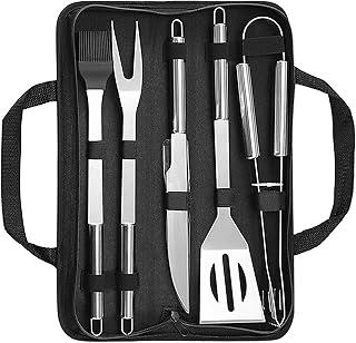 Orlegol 5Pcs Ustensiles Barbecue, Kit Barbecue Outil de Barbecue en Acier Inoxydable, Set Barbecue Portable, Ustensiles pour Barbecue, Accessoires Barbecue pour Jardin, Extérieur, Randonnée, Grillades
