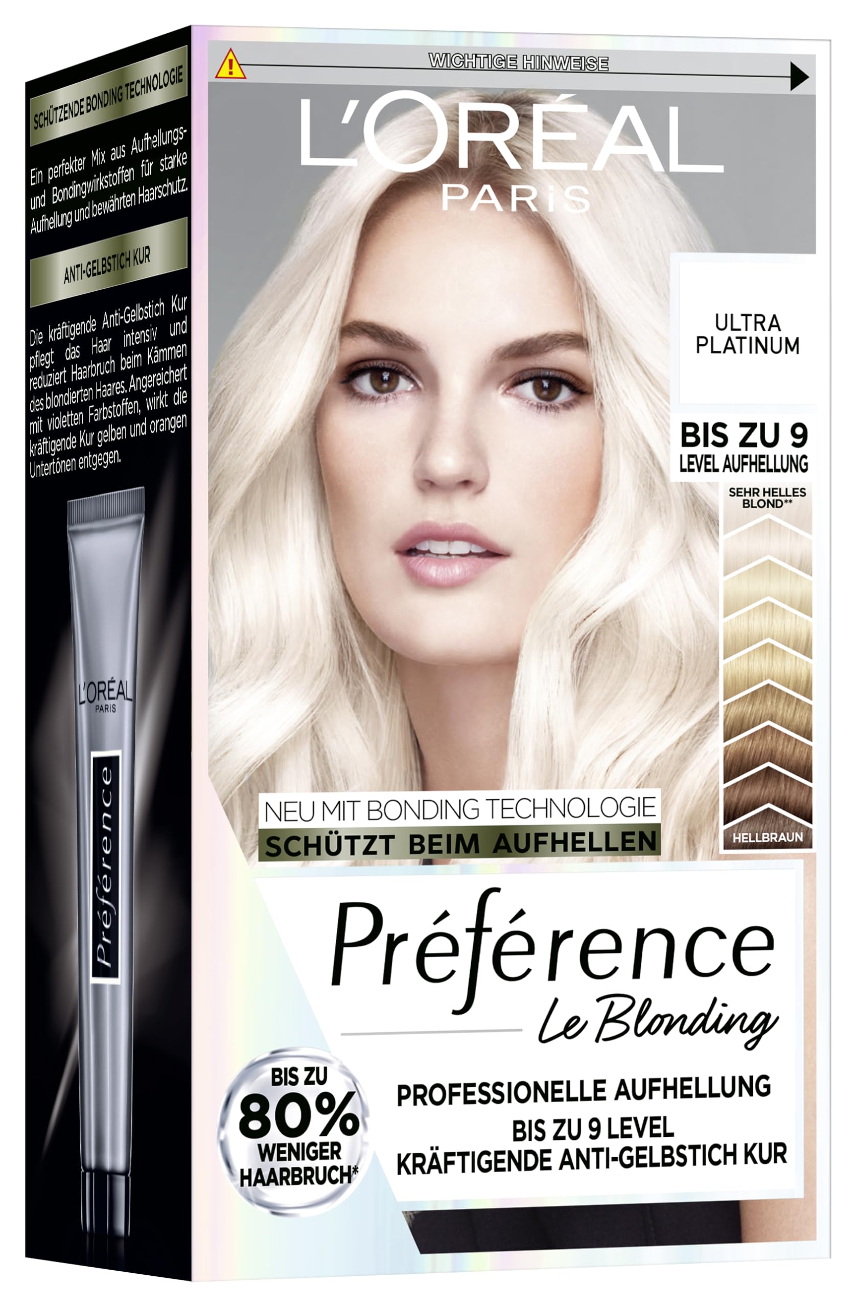 L'Oréal Paris Extrem Aufheller für platin-blondes Haar, Mit Anti-Gelbstich und Anti-Haarbruch Technologie, Permanente Haarfarbe, Préférence Le Blonding, 9L Helles Platinblond, Multipack