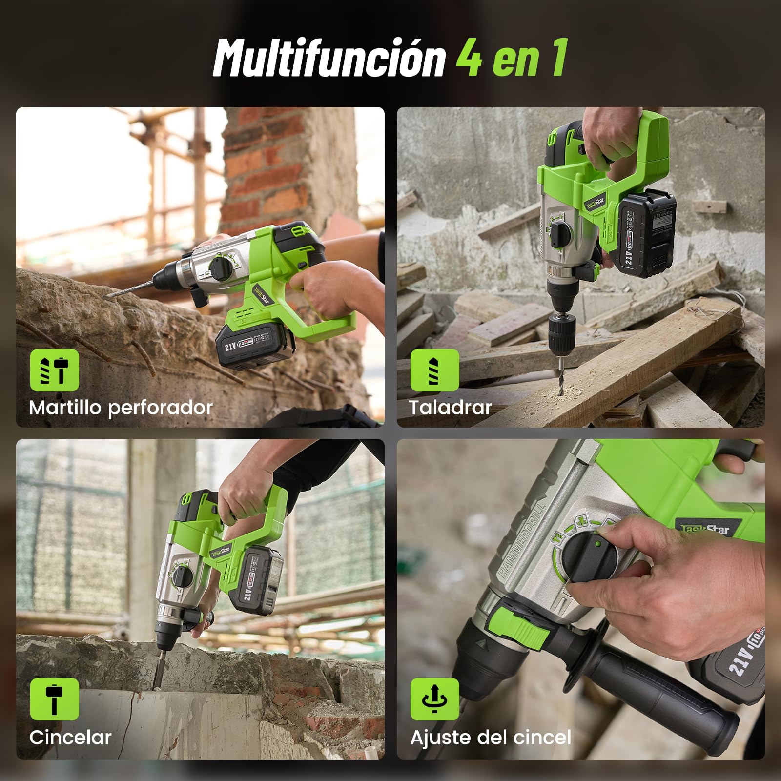 TaskStar 4 en 1 Martillo Perforador Inalámbrico 2.3J, Motor sin Escobillas, con 2 baterías de 4.0Ah 21V y cargador, Multifunción Taladro Percutor Portátil y Eficiente para Proyectos de Bricolaje