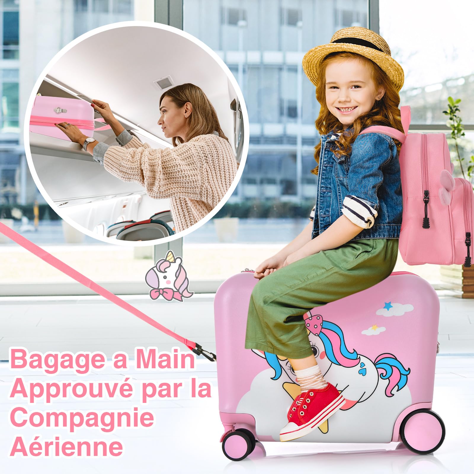 COSTWAY Valise Enfants à roulettes 18” avec Sac à Dos 12”, Bagages à Main pour Voyage avec Roues Coque Imperméable Poignée Rétractable pour Enfants de 3 Ans+ Charge 50KG+8KG (Rose Licorne)