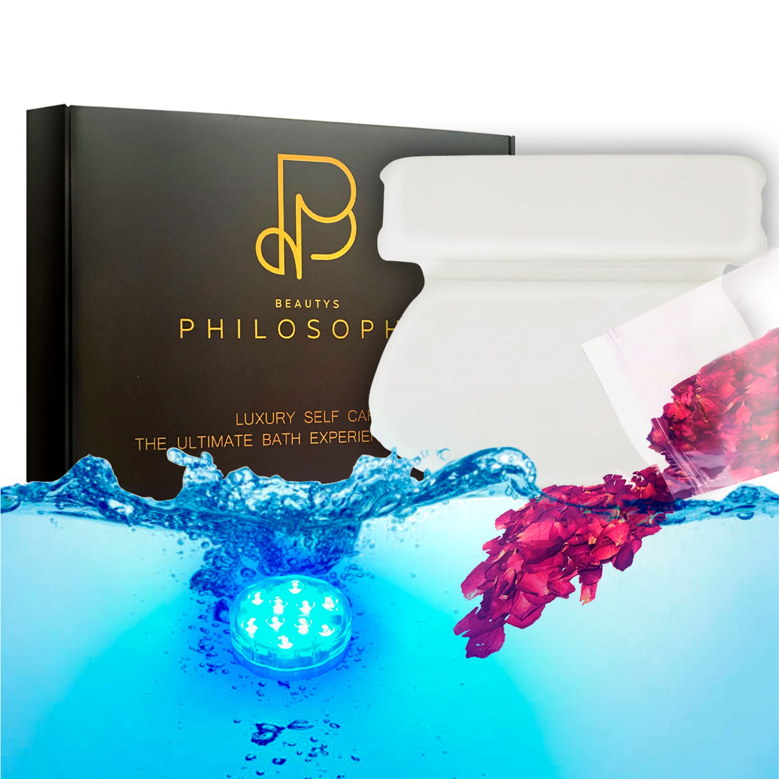 Luxury Home Spa Kit: Premium Bath Pillow, Dried Rose Petals, Waterproof Bath Light, Gift Box I Relaxation & Pamper Gift Set I Spa Experience I Bathtub I Bathing I Bath Accessories