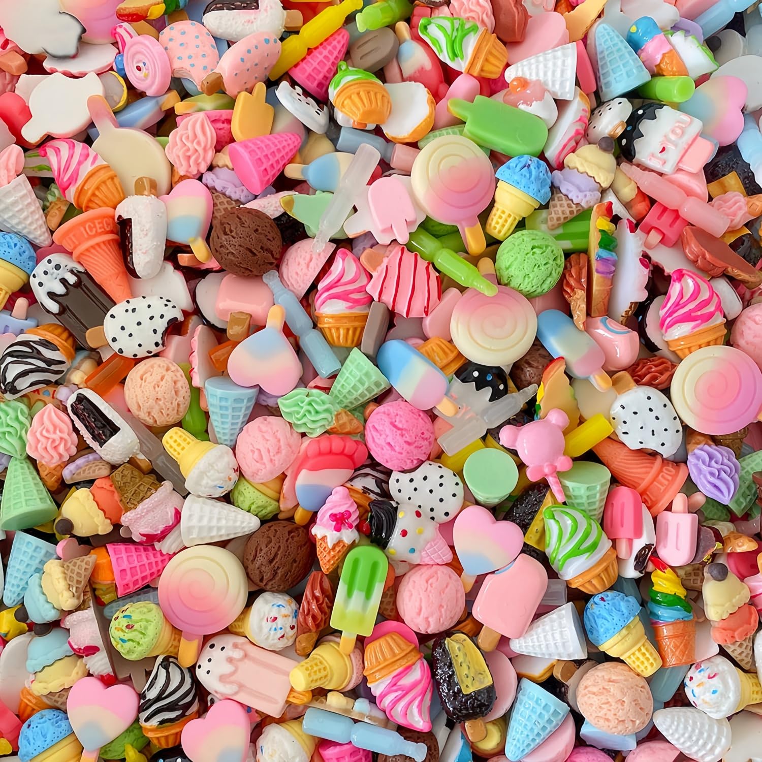 Ulalaza 100pcs Slime Charms Mixed Set Resin Flatback Making Supplies For DIY Craft Making And Ornament Scrapbooking Beads Assorted Candy Fruit Cake Ornament