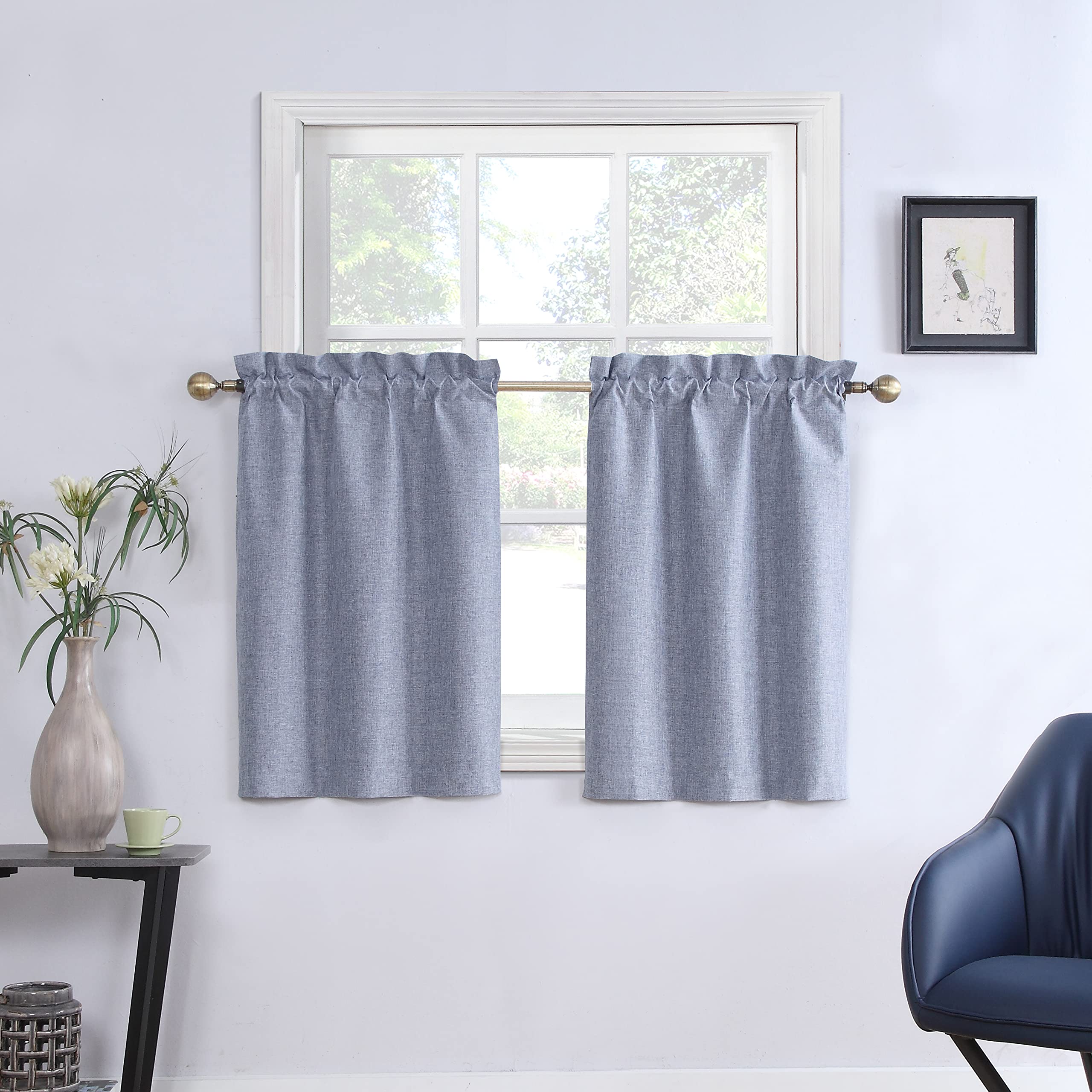 DearL%k 36 Inch 100% Blackout Faux Linen Kitchen Curtains, Rod Pocket Top Short Curtains for Cafe Window, 2 Panels, 27W x 36L Inch Each, Grey