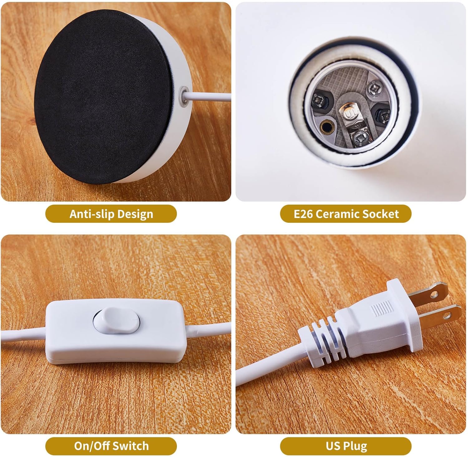 Industrial Table Lamp Base E26/E27 Ceramic Base Holder, Vintage Small Desk Lamp with Plug in Cord On/Off Switch Edison Screw Light Bulb Holder Base for Home Lighting Decor (White)