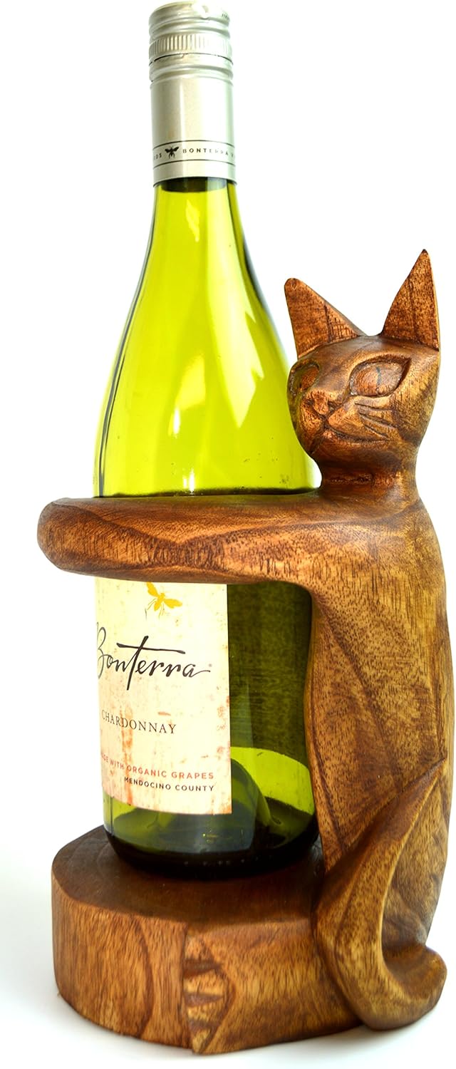 Amazon 手彫り木製Cat KittenワインボトルホルダースタンドTabby Siamese Meditatingヨガ ワイン