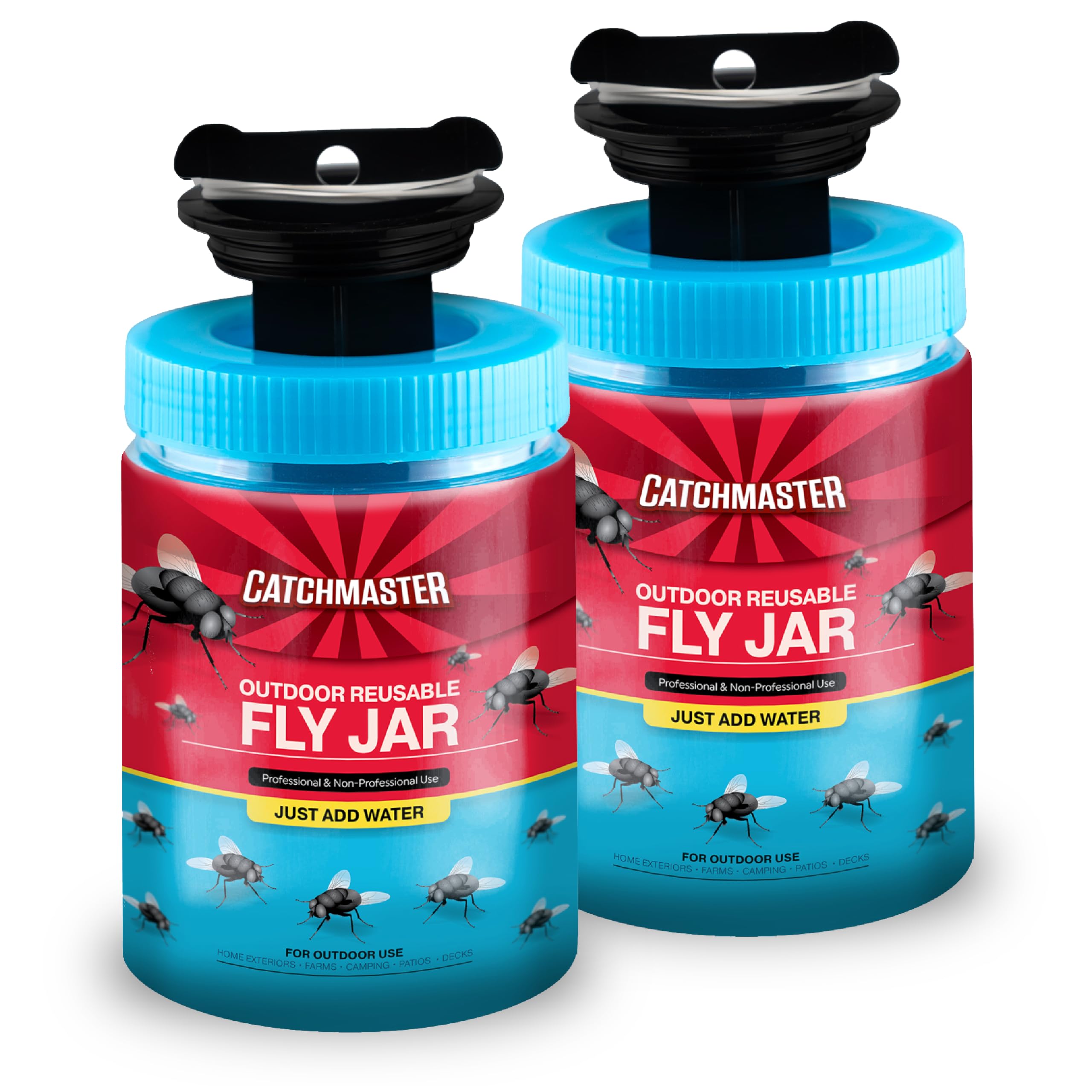 Catchmaster Fly Traps Outdoor 2-Pack with Airlock Lid for No-Mess Disposal, Pesticide-Free Hanging Fly Jars, Reusable Bug Catchers for Yard, Patio & Trash, Sets Up in Seconds