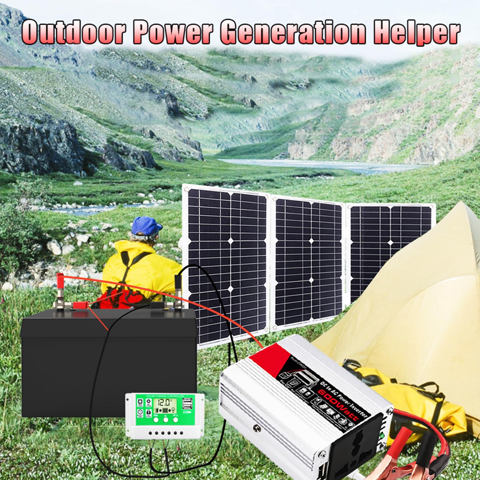 Zestaw regulatora ładowania słonecznego 50 A – falownik 600 W i monokrystaliczny panel słoneczny 18 V do kempingów, kamperów i łodzi(75W)