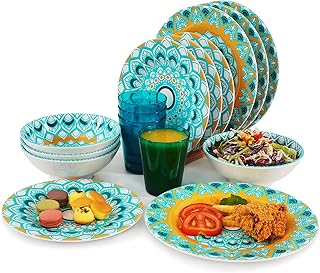 Melamine Dinnerware Set for 4-16 Pcs:Camping Dishes Set with Dinner Plates,Salad Plates,Cups and Bowls.Lightweight and Unb...