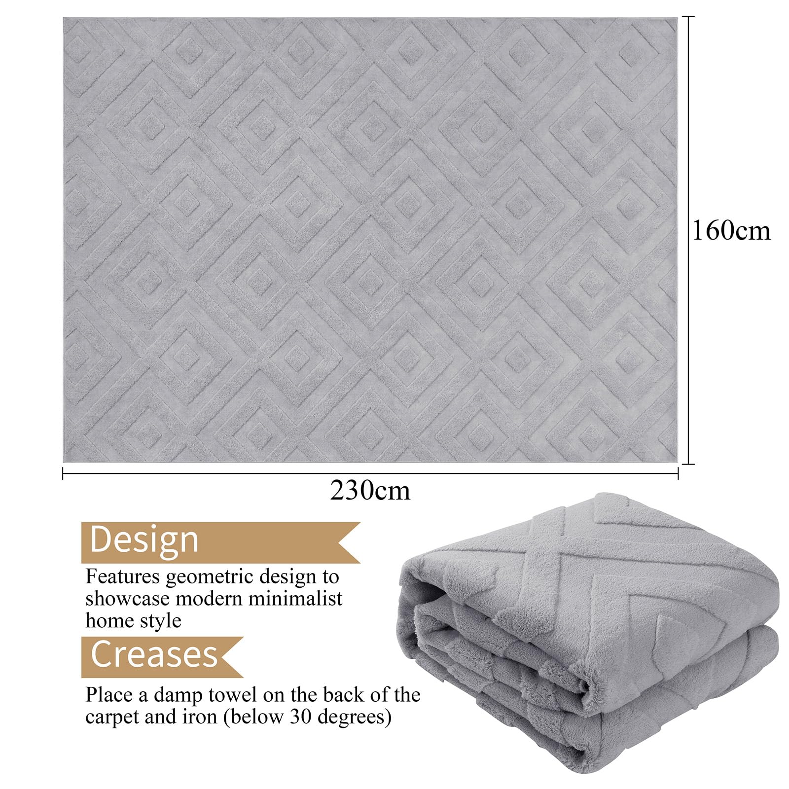 SHACOS Tappeto Camera da Letto Grigio Chiaro, Morbido Tappeti Salotto Moderni Grande 160 x 230 cm, Antiscivolo Tappeto Lavabile in Lavatrice per Cameretta, Cucina, Geometrico Minimalista Rombo 3D