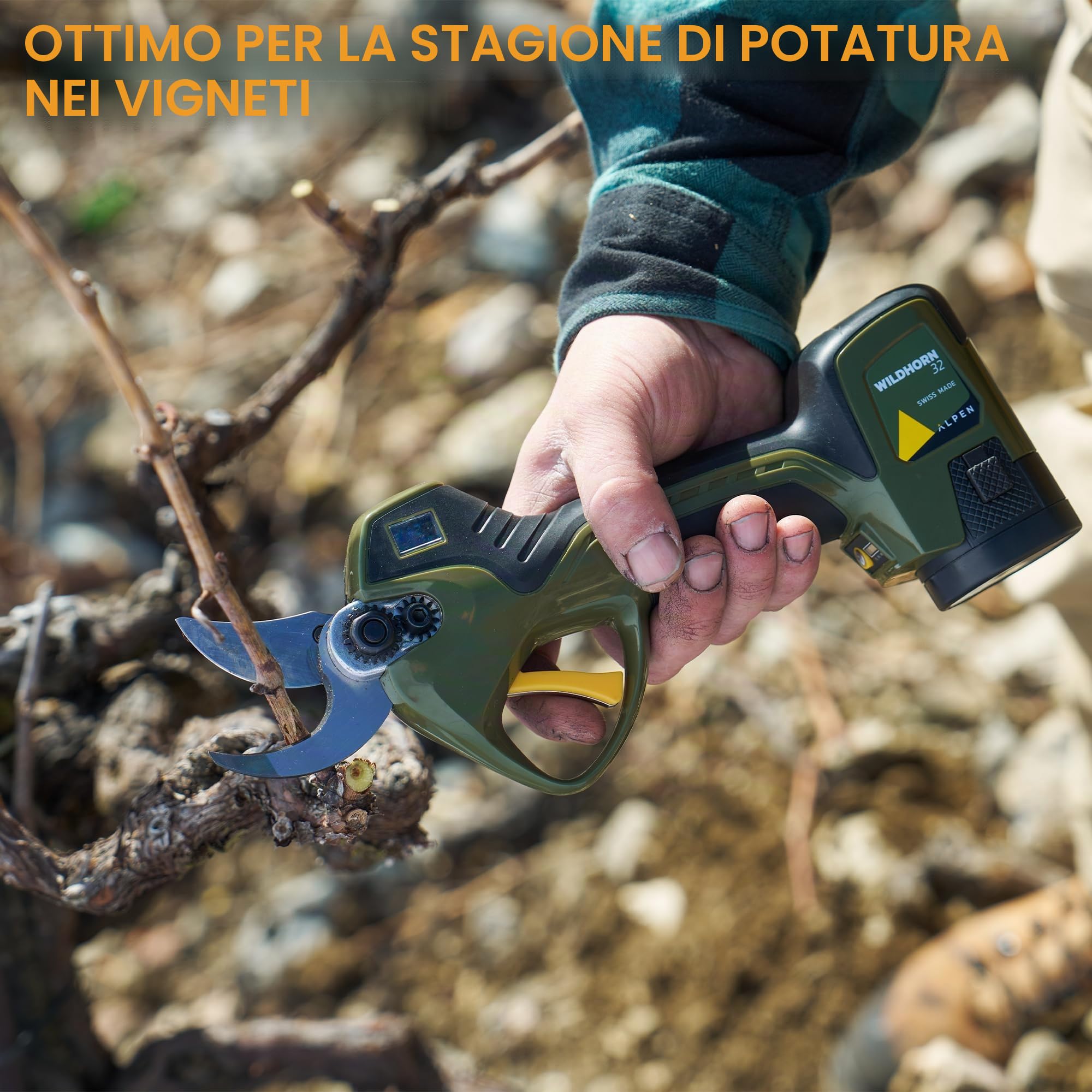 Alpen Wildhorn 32 - Kit di potatura elettronica con batteria agli ioni di litio senza fili, 12 ore di autonomia 3 batterie carica simultanea a 3 vie Felco prodotta in Svizzera