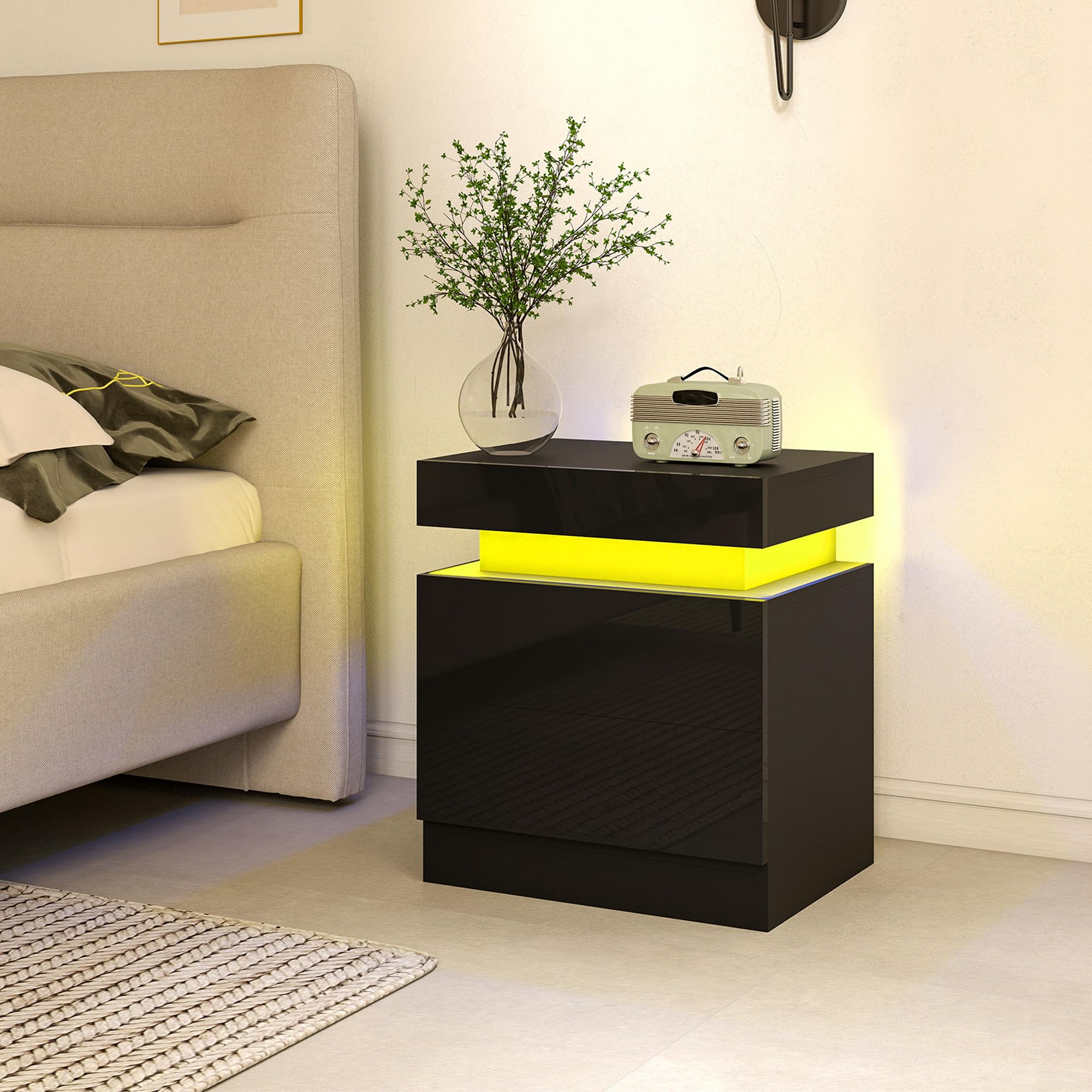 HOMCOM Set di 2 Comodini Camera da Letto con LED 45x35x52 cm Nero Lucido | 16 Colori, 4 Modalità, Coppia di Comodino Salvaspazio, 2 Cassetti, Tavolini per Camera da Letto