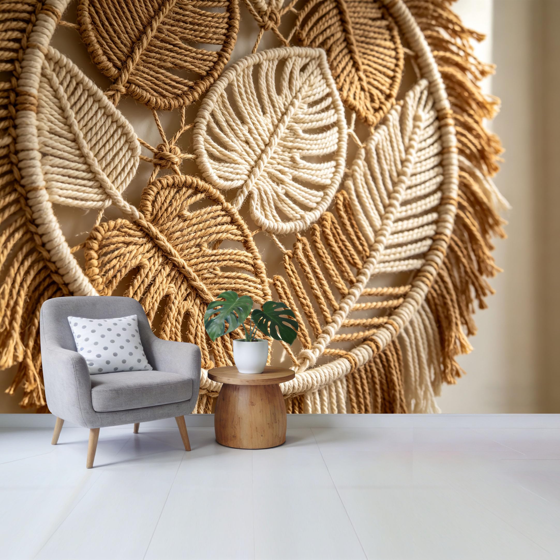 Qzlithotic Yq2605250127 Custom Size Wall Mural Bohemian Macrame Leaf Botanical Textured Pattern Selfadhesive Wall Fabric Removable Wallpaper For Home Office Decor