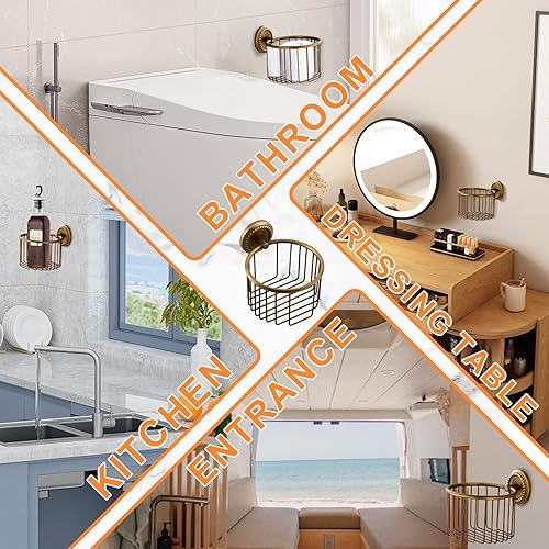 Miniatura 4 de Soporte de papel higiénico vintage montado en la pared para baño, cesta de alambre de tejido, latón antiguo