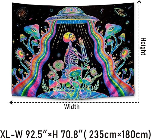 Miniatura 8 de Galoker Tapiz de esqueleto de luz negra tapiz floral de hongos trippy reactivo a los rayos UV tapiz de OVNI para colgar en la pared para decoración