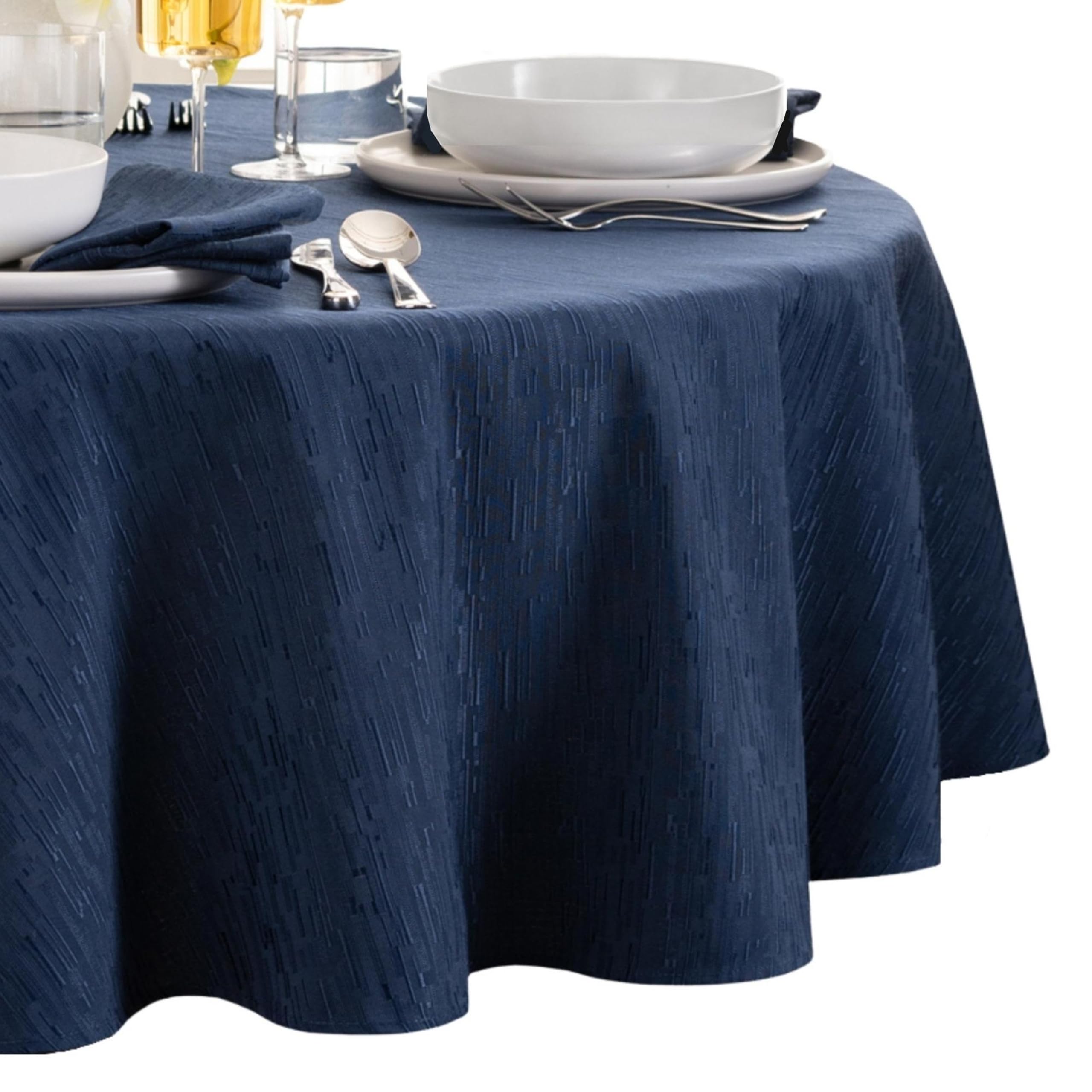 Elrene Home Fashions Continental Solid Texture Water, Stain & Wrinkle Resistant Tablecloth, 60"X84" Oval, Navy