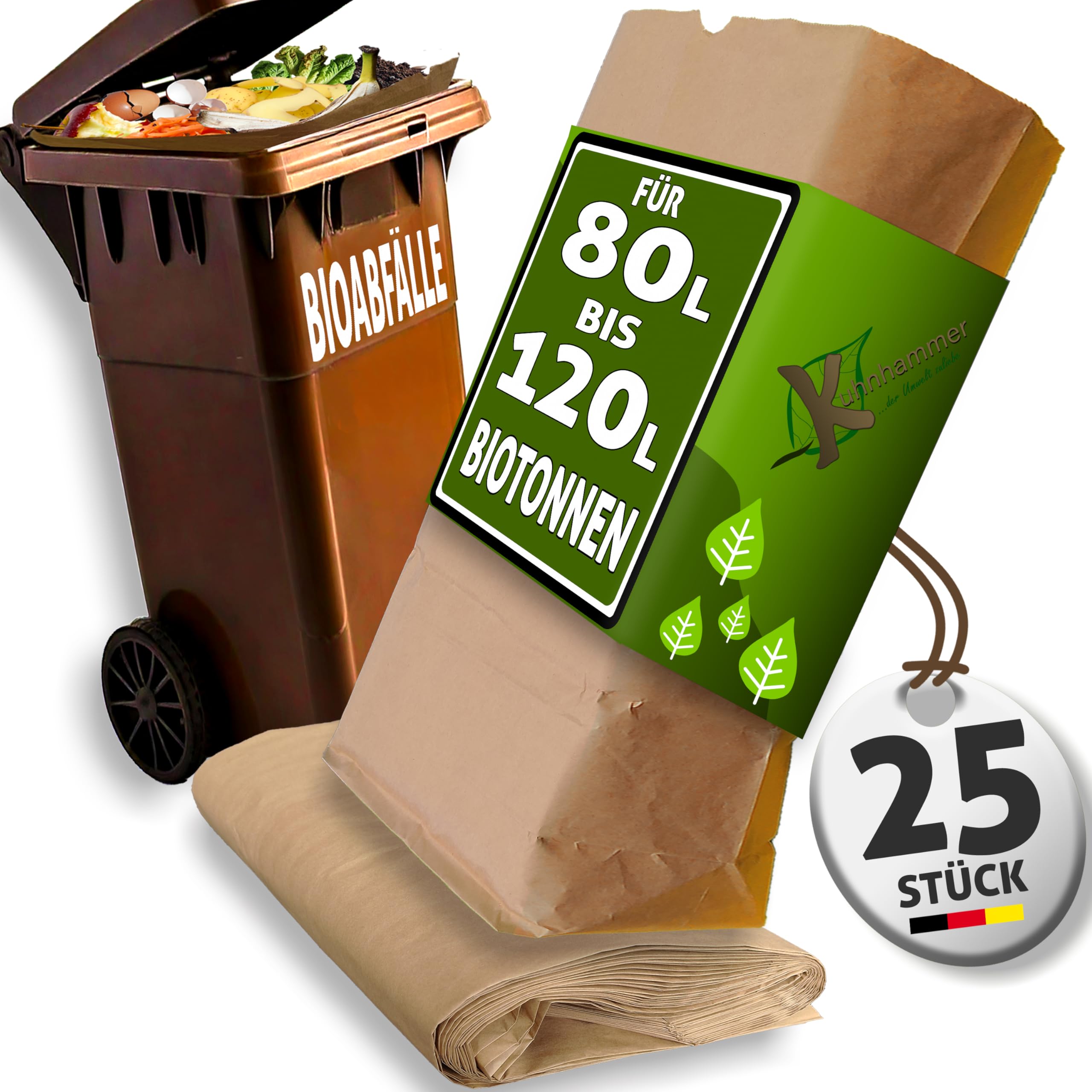 Biotonnenmüllsäcke 80L - 120L I 25Stk Müllbeutel Biotonne I Biomüllsäcke I Papiersack für Biomülltonne madenfrei I Papiersäcke für Gartenabfälle
