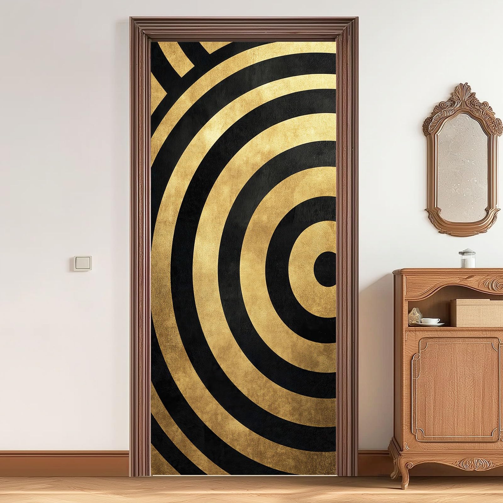 Naklejka na drzwi samoprzylepna, 80 x 210 cm, prosta, geometryczna, plakat na drzwi – vintage, koła, paski, trwała, wodoodporna, fototapeta, folia na drzwi, czarno-brązowa, "zrób to sam" naklejka na