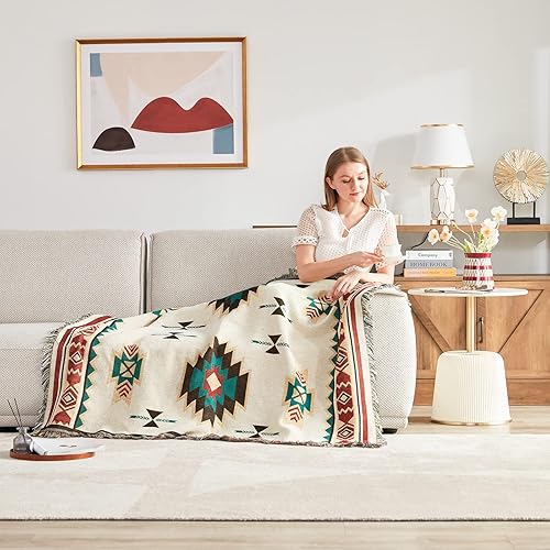 Miniatura 10 de Touchat Manta de nativos americanos, manta bohemia para sofá y cama, manta mexicana decorativa de granja, manta tejida de decoración del suroeste,