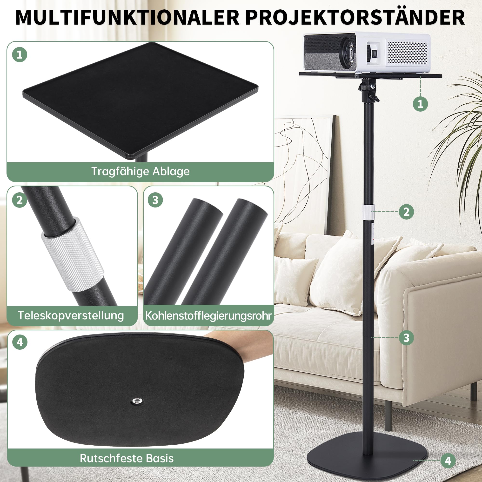 AKOZLIN Projektorständer, höhenverstellbar 57-129 cm, Metall | Belastbarkeit 8 kg, 360° drehbar, Bodenständer, Kompatibel mit DJ-Regal/Kamera/Laptop