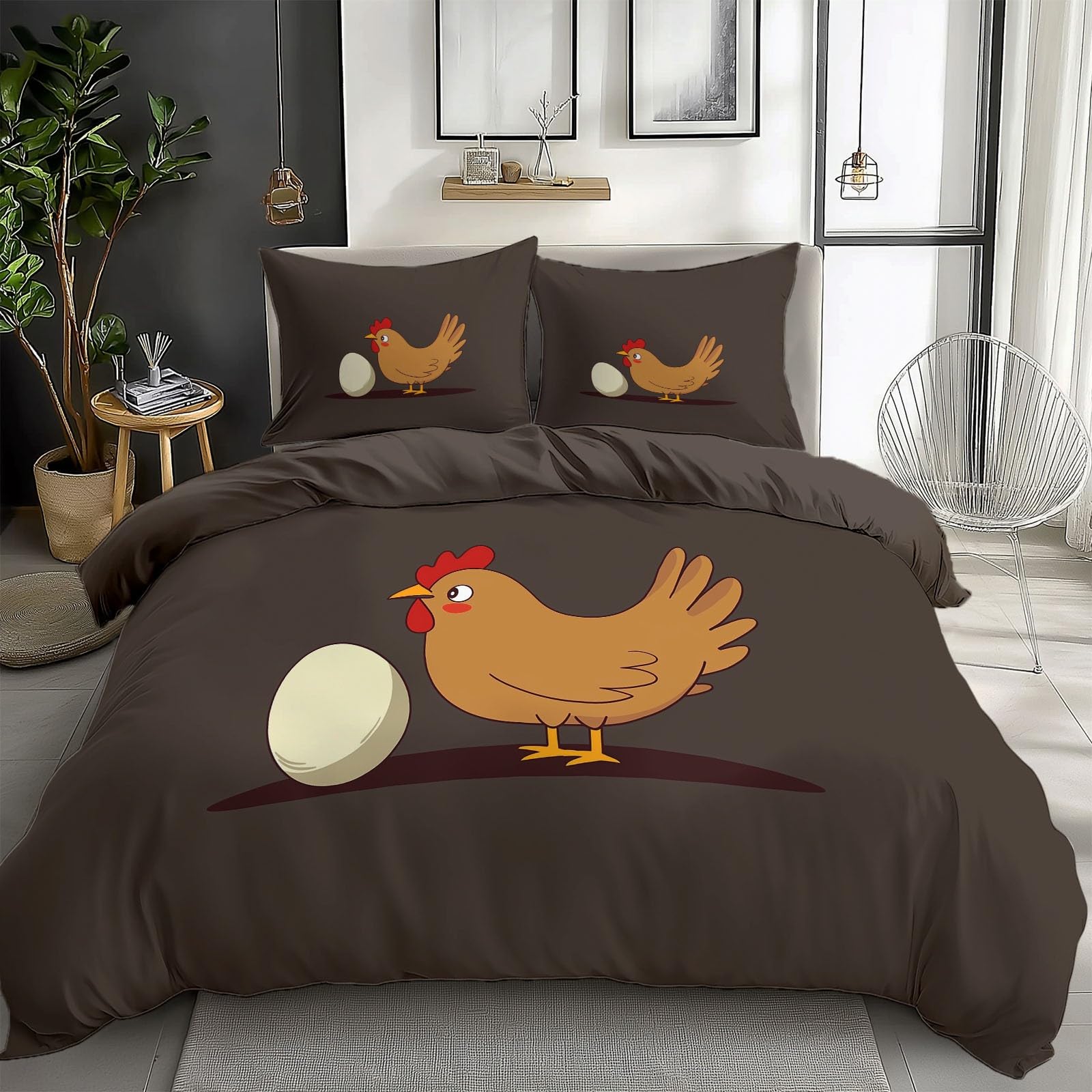 Brown Duvet Cover King Size Simple Cartoon Chicken Reversible 3 Pieces Duvet Cover Set, Bedding Set for All Season, Soft and Breathable Bedding Set with Zipper Closure