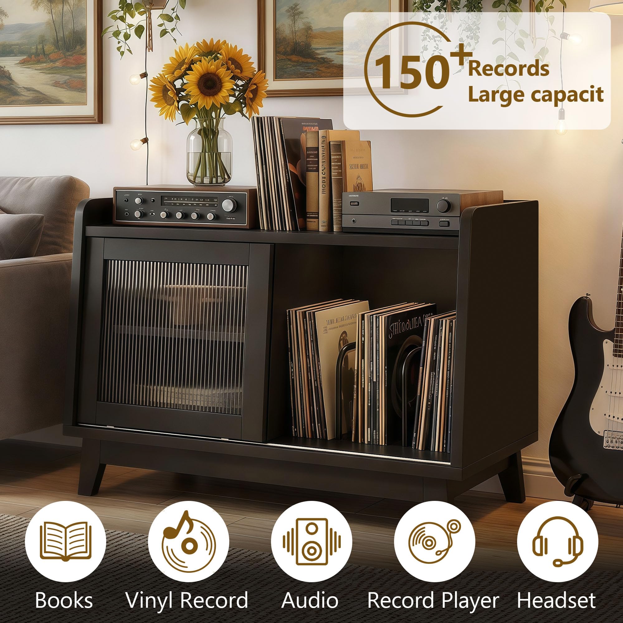 FEONASE Support de tourne-disque, avec prise de courant et porte coulissante en verre, table de tourne-disque en bois pouvant contenir plus de 200 albums avec espace de rangement ouvert, support