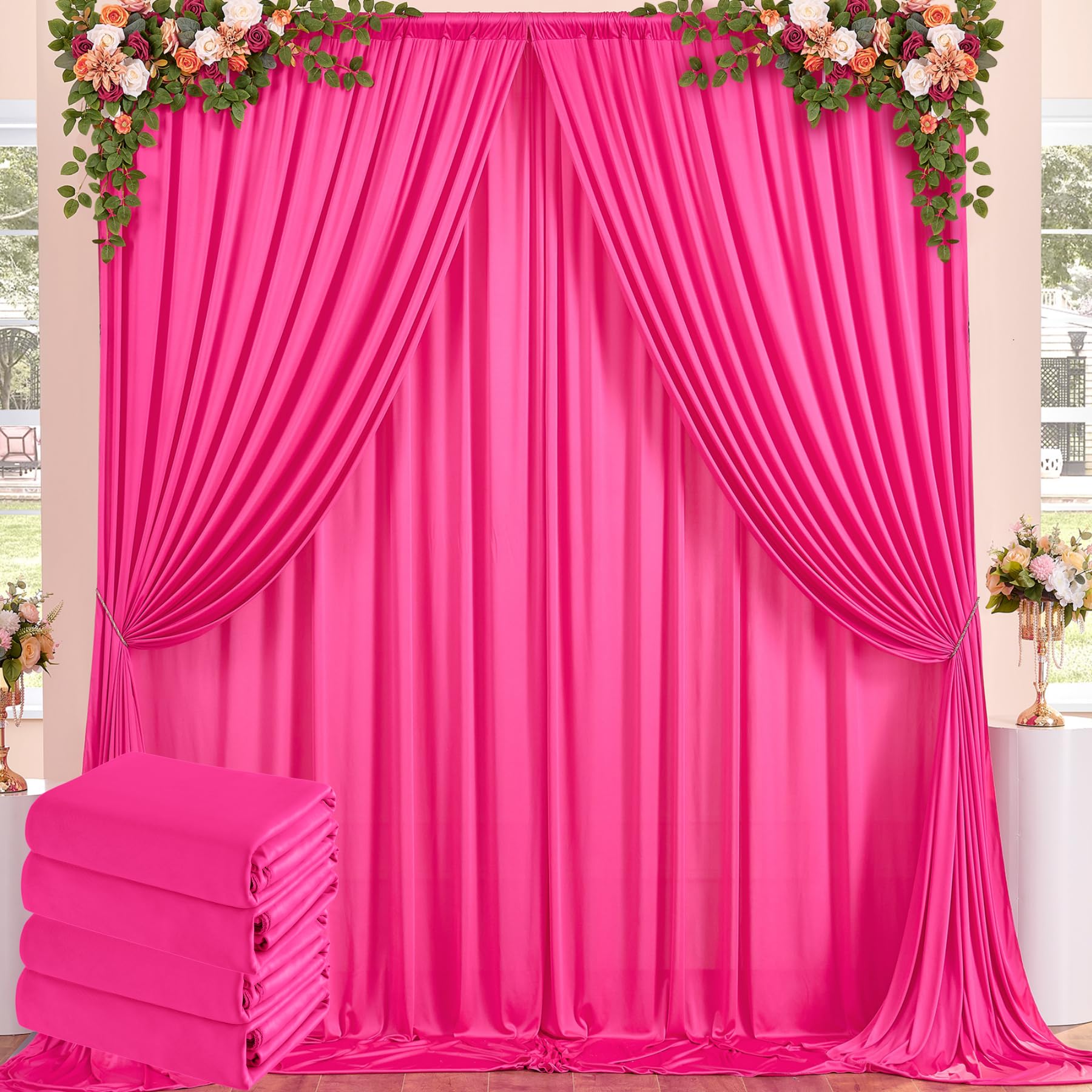 20 ft x 10 ft Wrinkle Free Fuchsia Backdrop Curtain for Parties, 4 Panels Polyester Hot Pink Photo Backdrop Drapes for Wedding Birthday Party Baby Shower