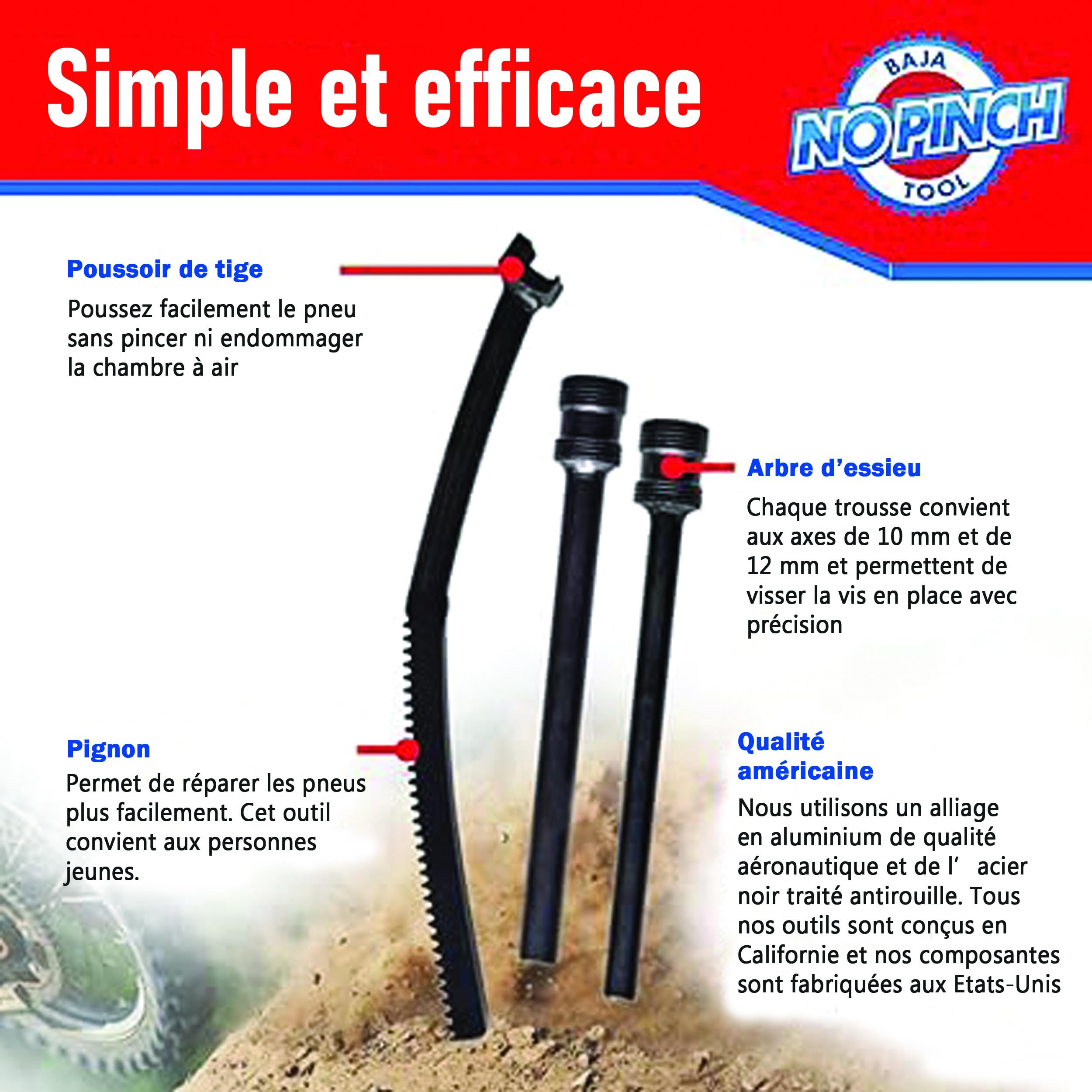 Baja No Pinch Minicross Kit Outils de changement de pneus de moto tout-terrain–Kit d'accessoires comprenant un mini poussoir, des axes de 10 mm et 12 mm pour un montage rapide des pneus–Pour 10" à 14"