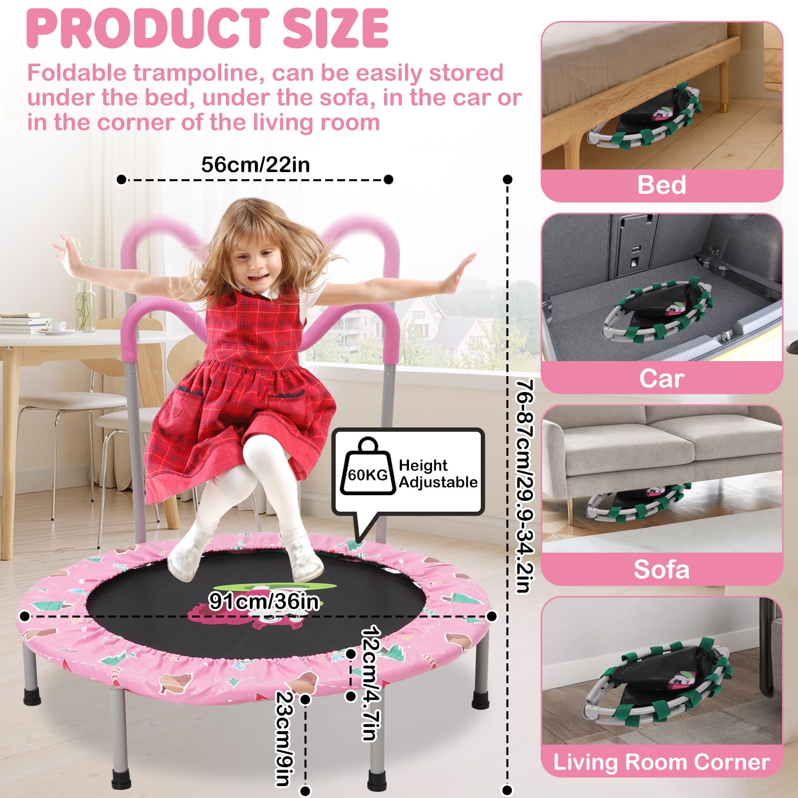 Trampoline voor kinderen, diameter 96 cm, mini-trampoline met schuimrubberen handgreep en veiligheidskussen, opvouwbare rebounder, fitness, trampoline, outdoor, indoor, klein, kindertrampoline