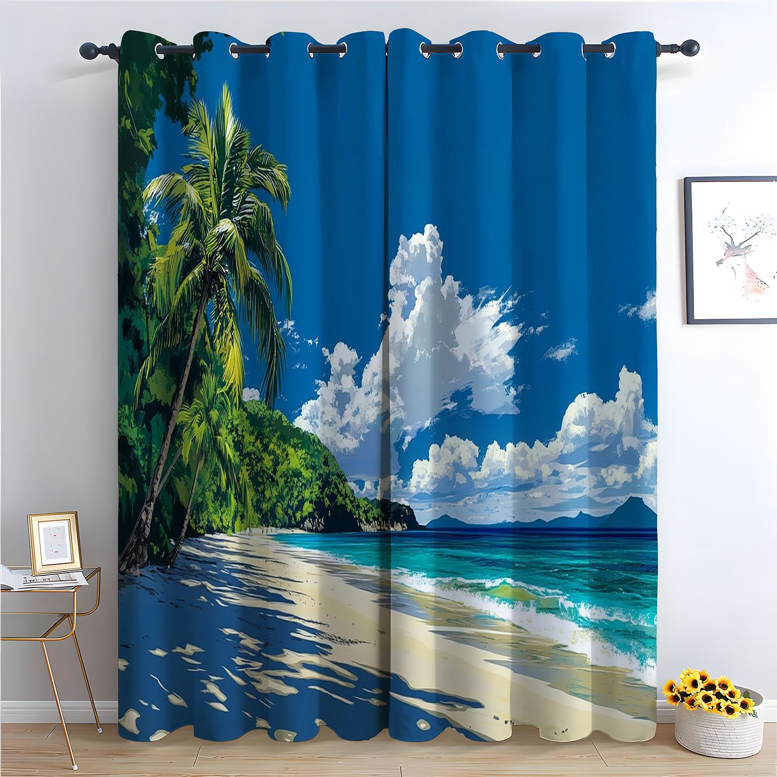 WIKEO Floral Curtains for Living Room Bedroom Beautiful Beach Trees Textured Farmhouse Curtain Leaf Printed Eyelet Rustic Drapes Window Treatment-52 W x 96" L (Pack of 2)