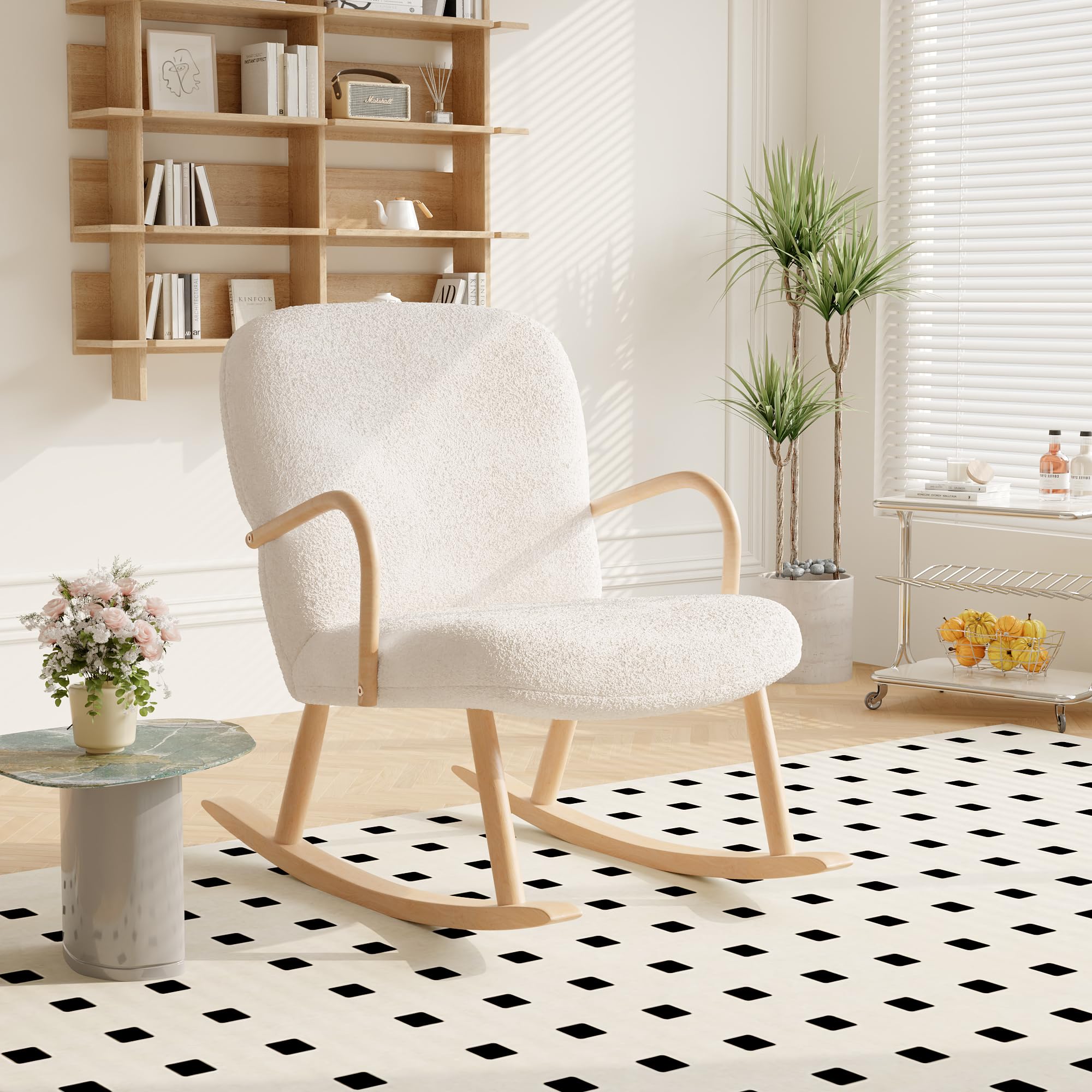 FEEOHOME Fauteuil Chambre Bébé, Chaise à Bascule avec Accoudoirs et Pieds en Bois, Velours Teddy Beige