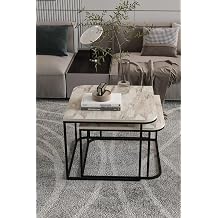 Reyo Modern Mermer Desenli    e Ge en Sehpa Seti, Metal Ayakl , 65x65 cm ve 60x60 cm, Krem ve Siyah