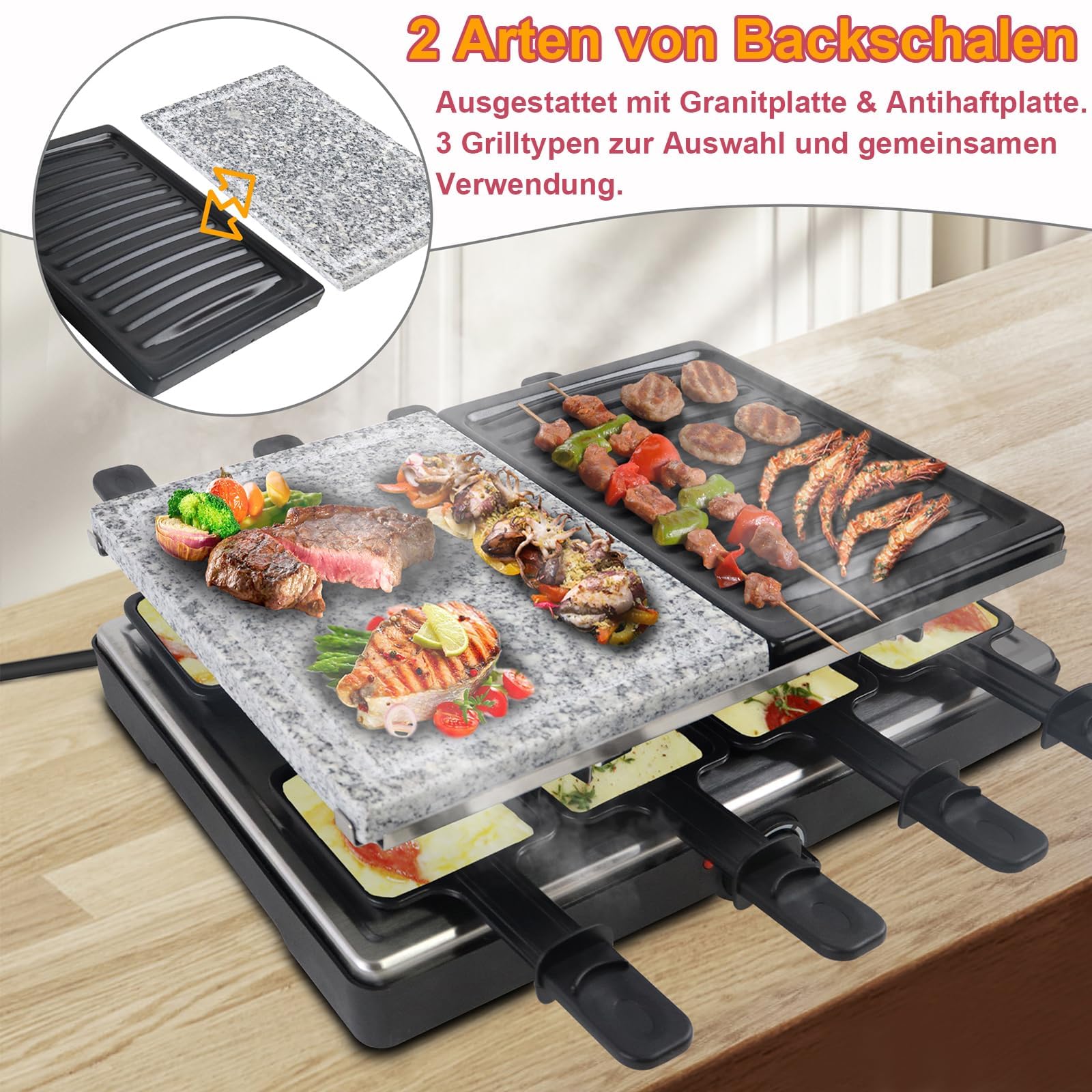 UISEBRT Raclette Grill für 8 Personen,1400W Elektrogrill mit Granitplatte & Grillplatte Antihaftbeschichtung Elektrisch Grillpfanne Set Tischgrill für Party Camping Weihnachten