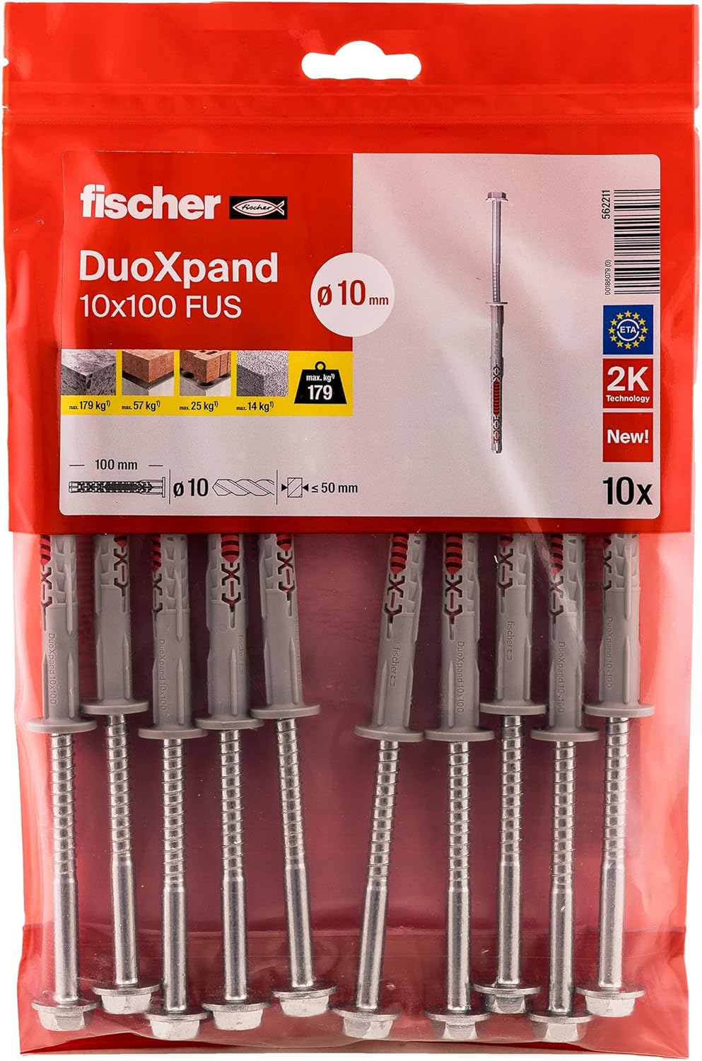 fischer DuoXpand 10 x 100 FUS, High-Quality Universal Dowel with Hex Screw & Moulded U Washer (Pack of 10), Dowels for Strong Hold, Ideal for Porous Building Materials & Close to Edge Anchors