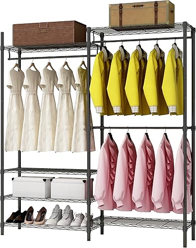 XIOFIO Perchero de ropa resistente, perchero de metal con 3 varillas para colgar y 6 estantes ajustables, organizador de armario abierto