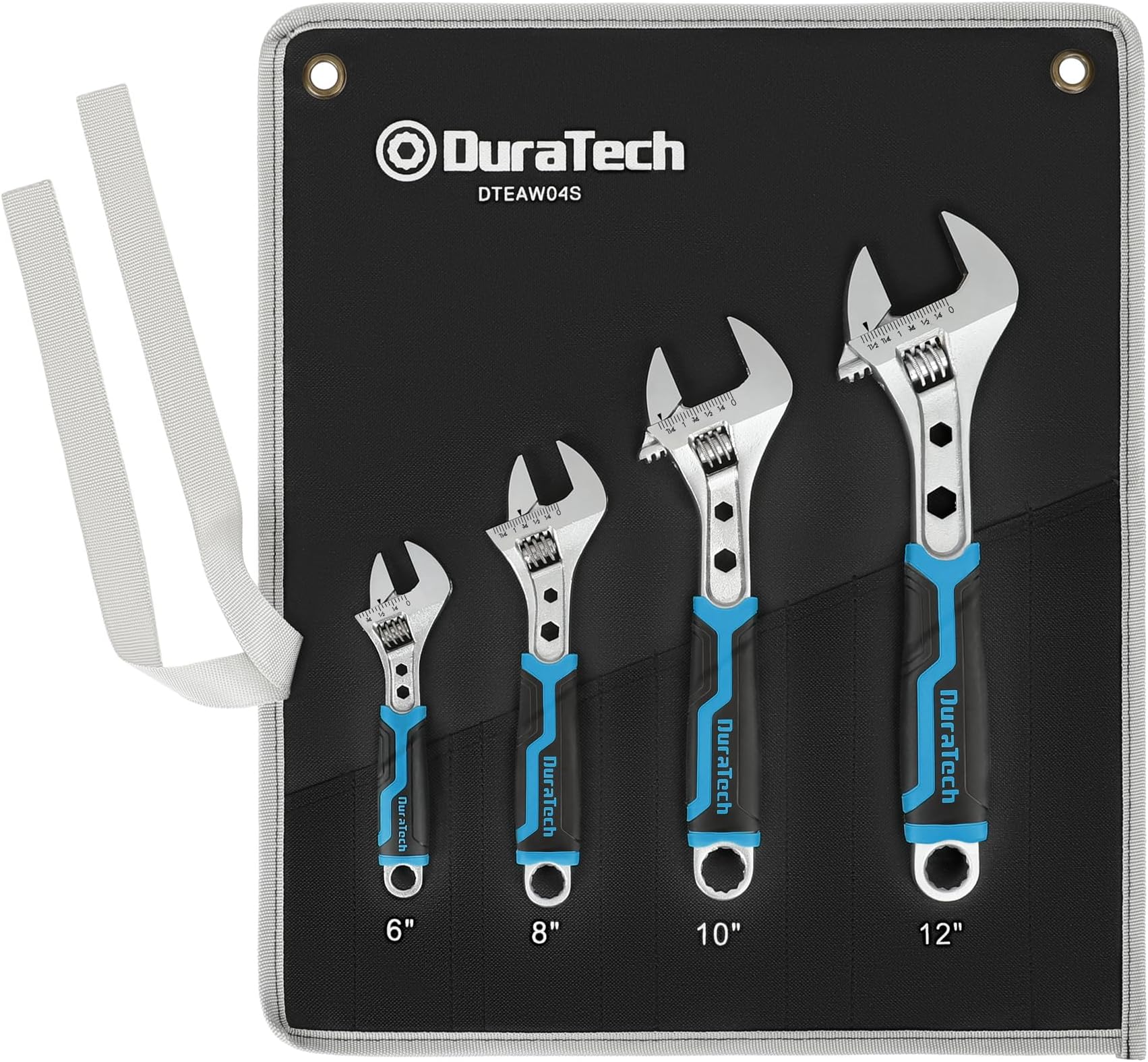 DURATECH 4-Piece Adjustable Wrench Set, 6-inch, 8-inch, 10-inch, 12-inch, 3-in-1 Spanner with Box End/Hex Function, CR-V Steel, Chrome-plated, Bi-material soft Grip, with Rolling Bag